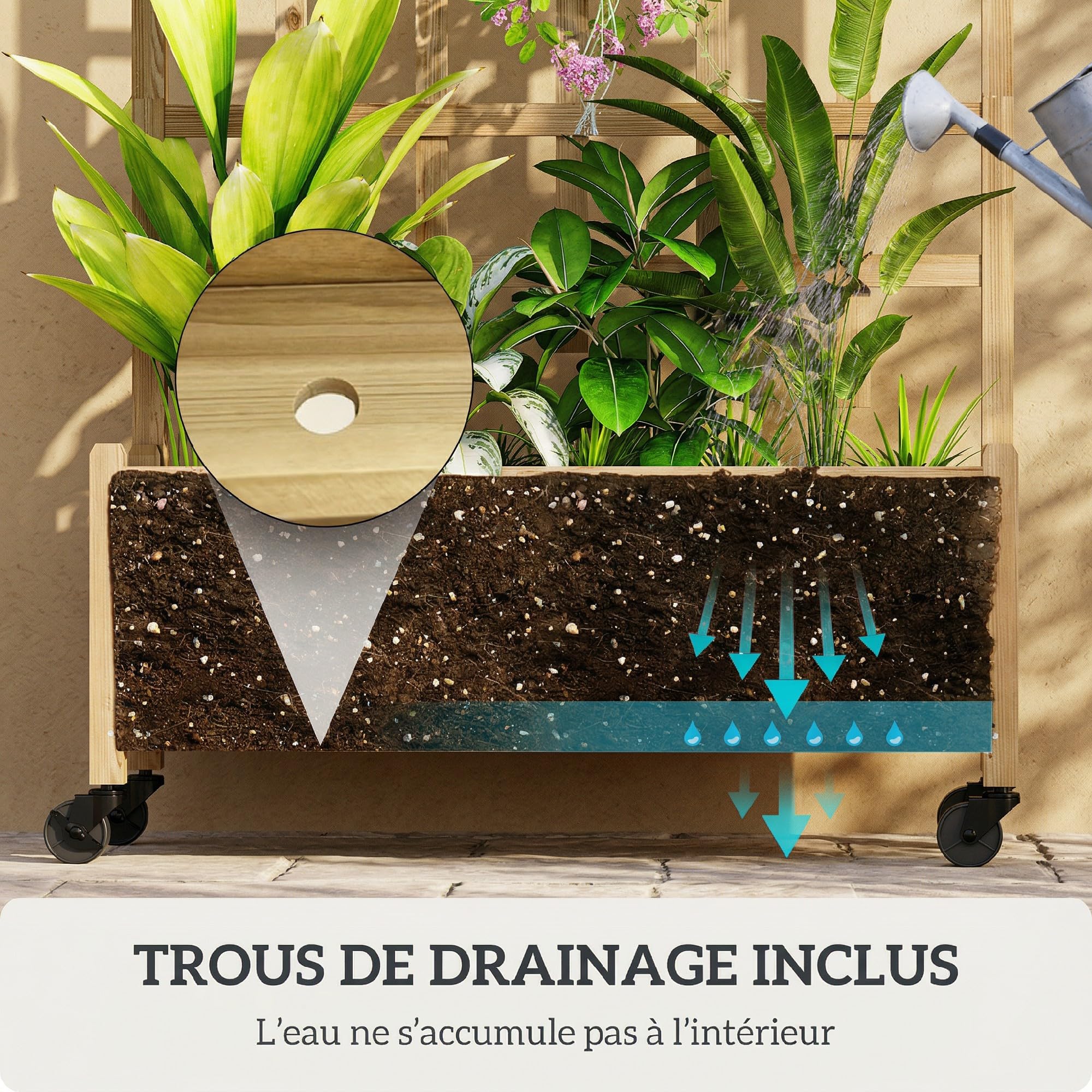 Outsunny Jardinière avec Treillis Bac à Fleurs 82,5x35x186cm Bois Naturel | Avec Roues, Lit Surélevé, pour Plantes Grimpantes Légumes Fleurs, Bois Massif, Intérieur Extérieur, Cour Jardin Balcon