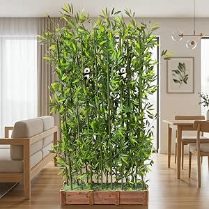 Artificial Bamboo Privacy Screen - 6ft Tall Faux Plant with Panda Decor and Solid Wood Base