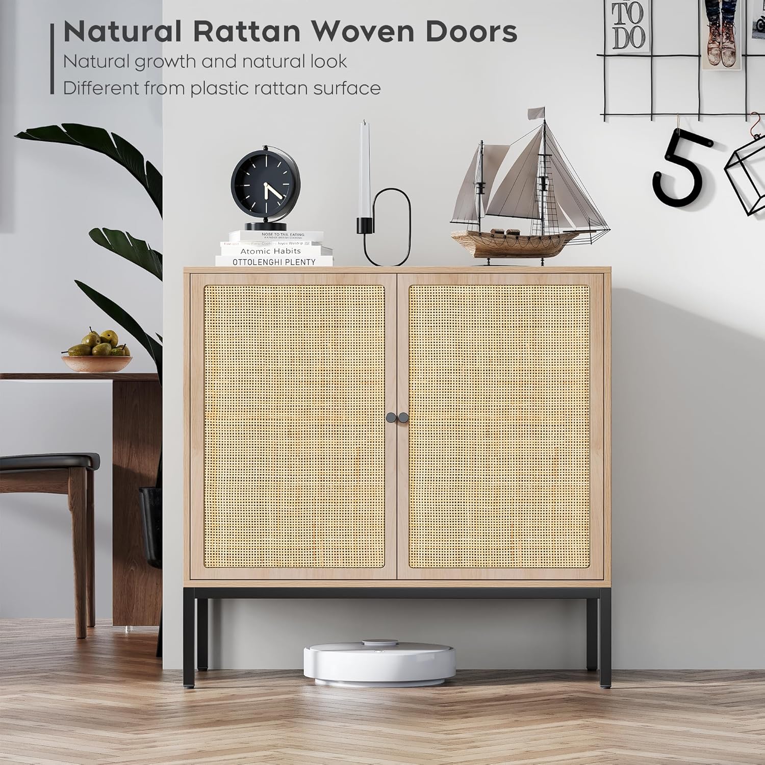 Image showing the natural rattan woven doors of the cabinet, highlighting their organic and authentic look.