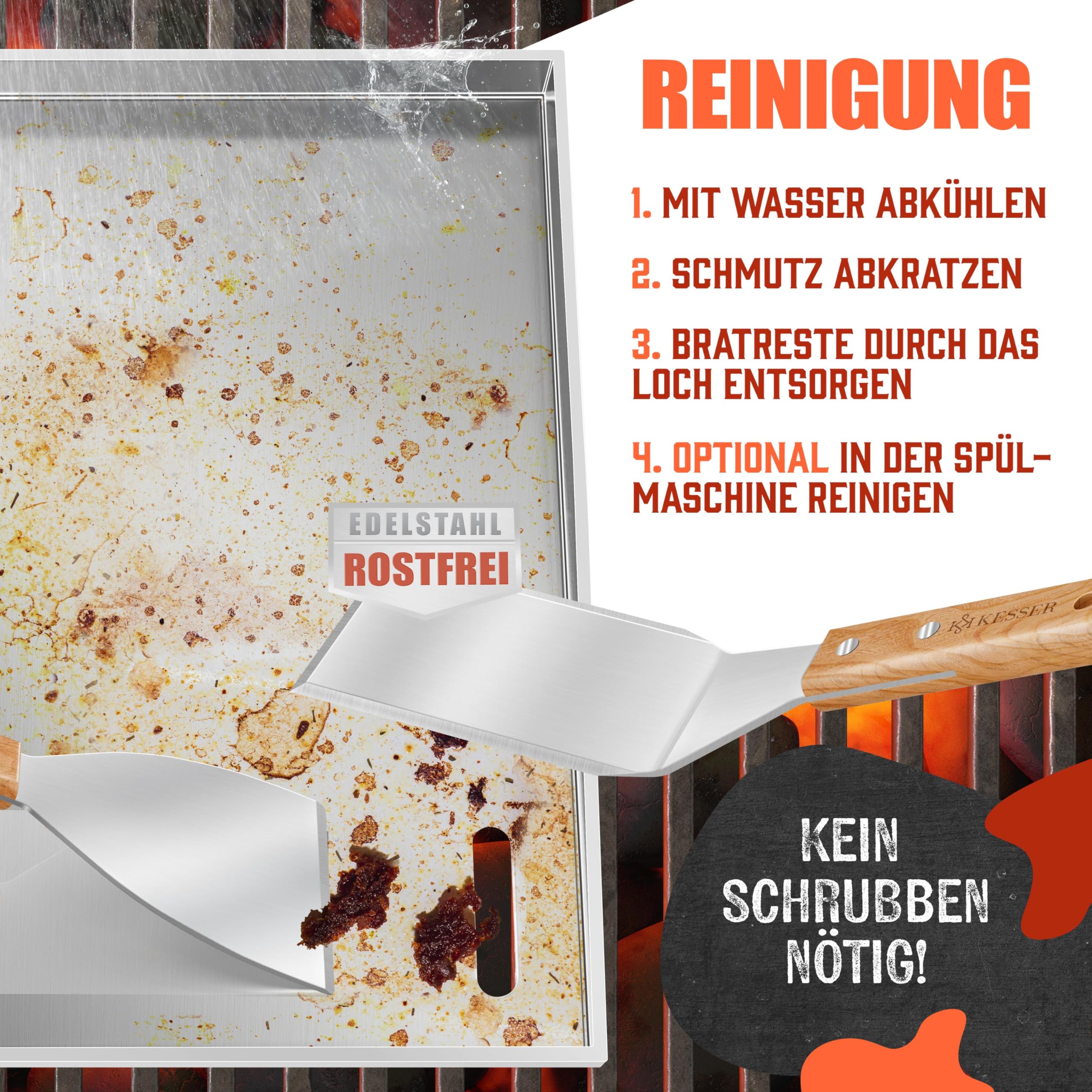 KESSER® Grillplatte Plancha aus Edelstahl 40x30cm rostfrei mit Fettablauf, hitzebeständig bis 800°C & Spülmaschinenfest für Gas & Holzkohlegrill inkl. 2 Spatel, Grillschürze, Grillmatte & Rezeptbuch