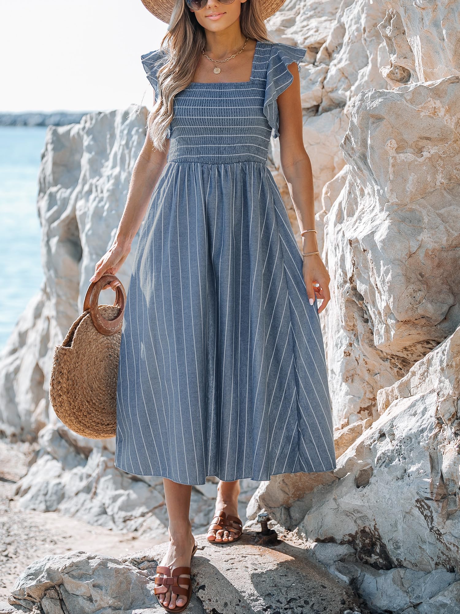 CUPSHE Damen Midi-Sommerkleid mit Karrée-Ausschnitt und Volantärmeln | Das elastische Smock-Oberteil passt sich flexibel an; der weit ausgestellte A-Linien-Rock fällt locker.