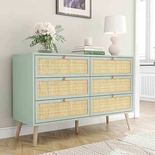 Miniatura 8 de Cómoda moderna de ratán de 4 cajones para dormitorio, cómoda alta de madera industrial con cajones de ratán natural hechos a mano, torre de