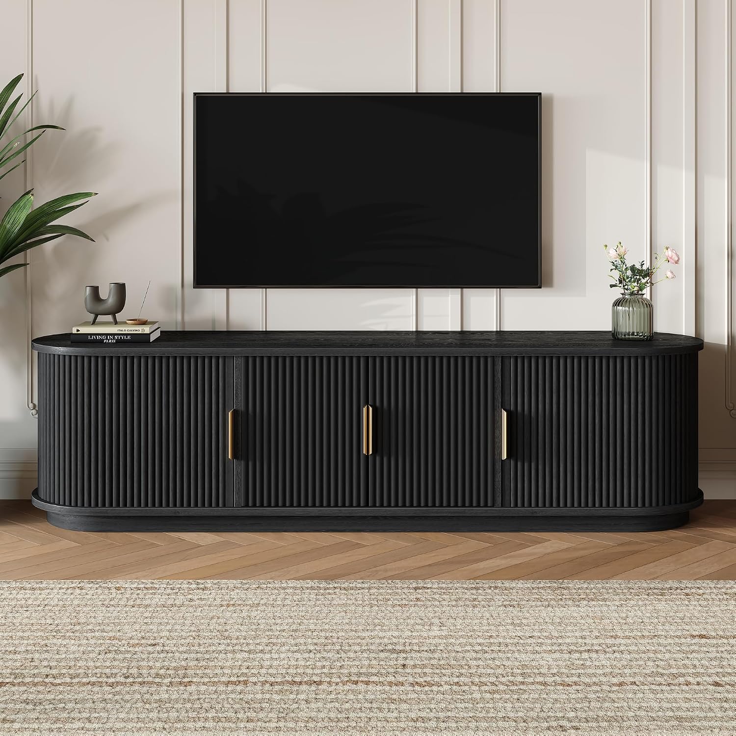 JIJIWANG Farmhouse Wooden TV Stand with Sliding Tambour Door for TVs up to 75", Fluted Media Console with Adjustable Storage, Golden Handle TV Cabinet with Cable Holes for Living Room, Black