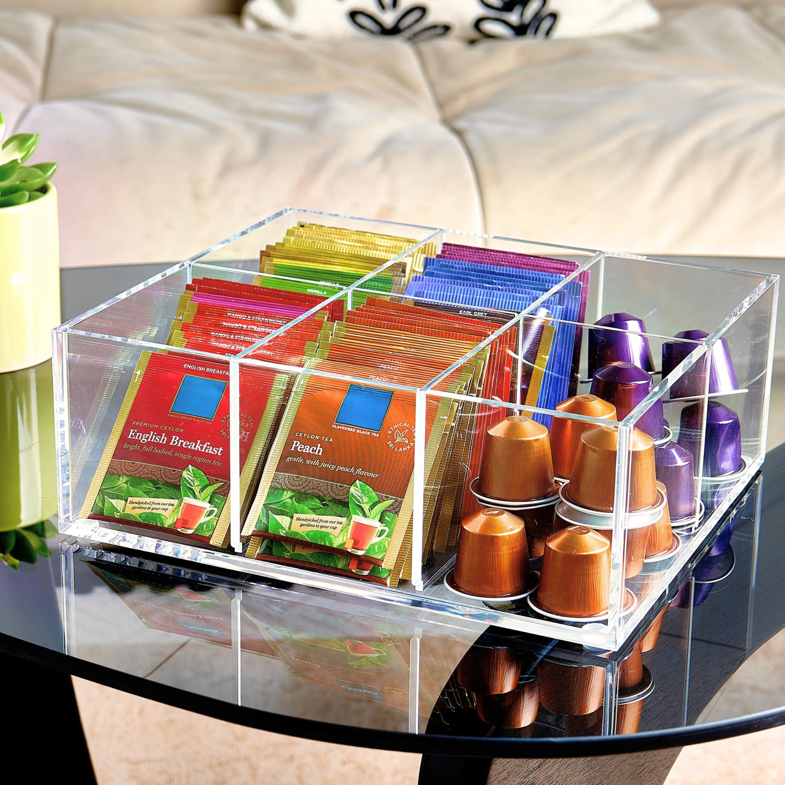 Strapazierfähiger Acryl Teebeutel-Organizer, 6-Fächer Aufbewahrungsbox | Perfekter Organizer: 6 Fächer halten Teebeutel und Kaffeepads ordentlich sortiert und sparen Platz auf der Arbeitsplatte.