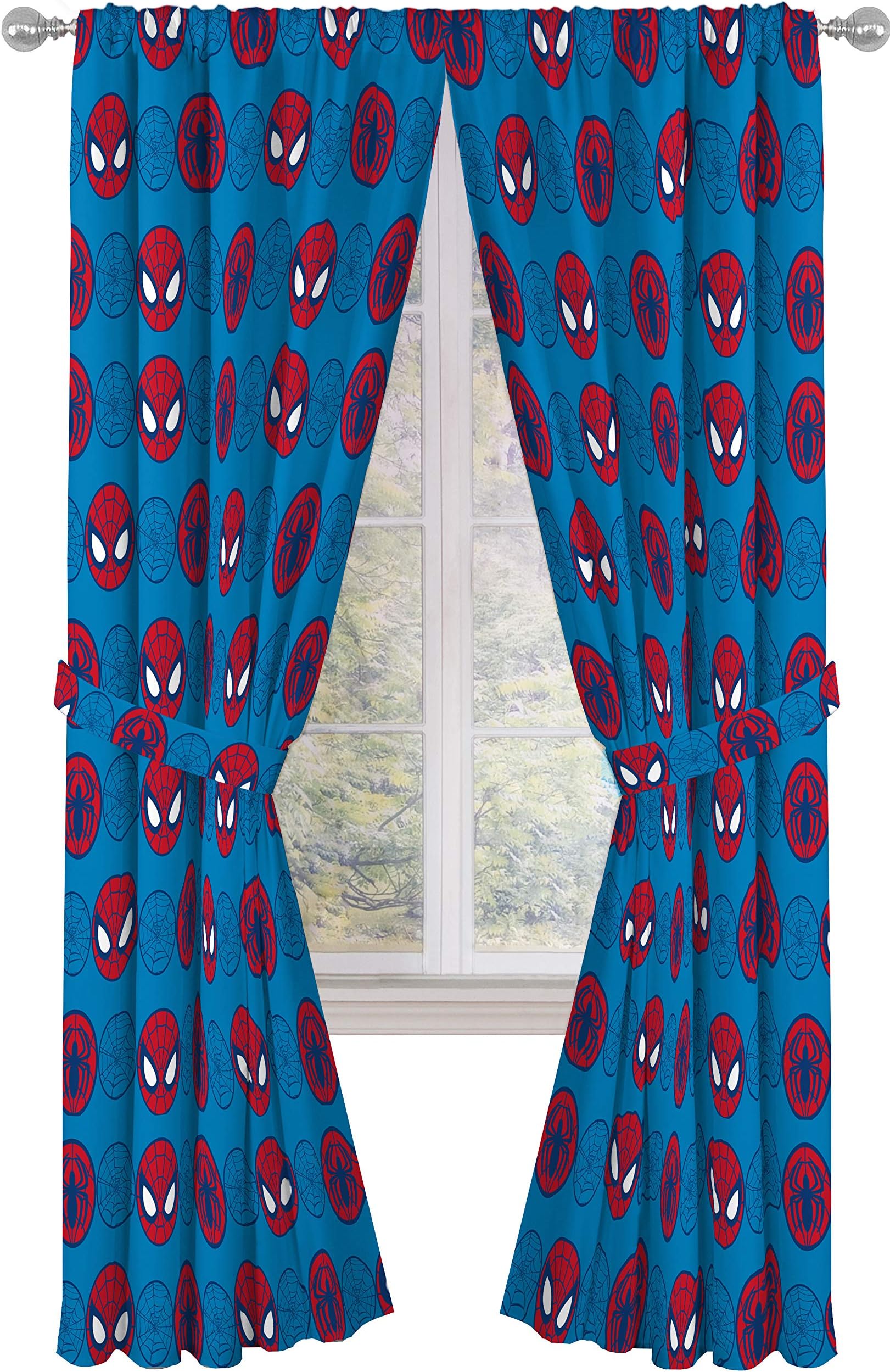 Jay Franco Kids Window Drapes - 4 Piece Curtain Set Includes 2 Tiebacks, Beautiful Bedding Room Décor and Easy Set Up, Blue - Super Hero Adventures, 84 Inch