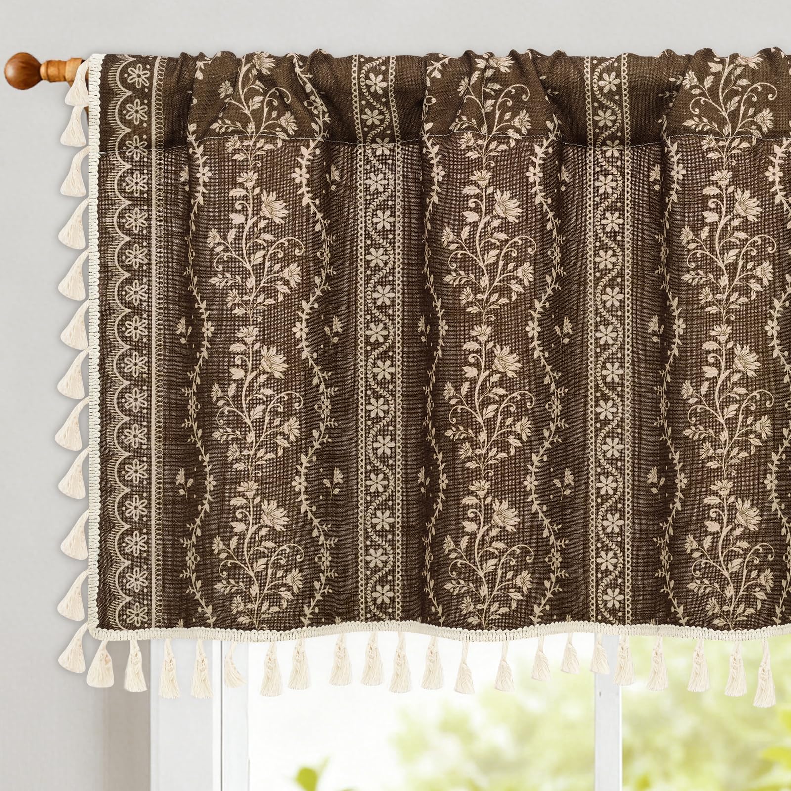 Yinhua Boho Valance Curtains Vintage Linen Kitchen Valances for Windows Light Filtering Bohemian Floral Valance Rod Pocket Tassel Window Valances for Bathroom Cafe, 52" W X 18" L, Brown