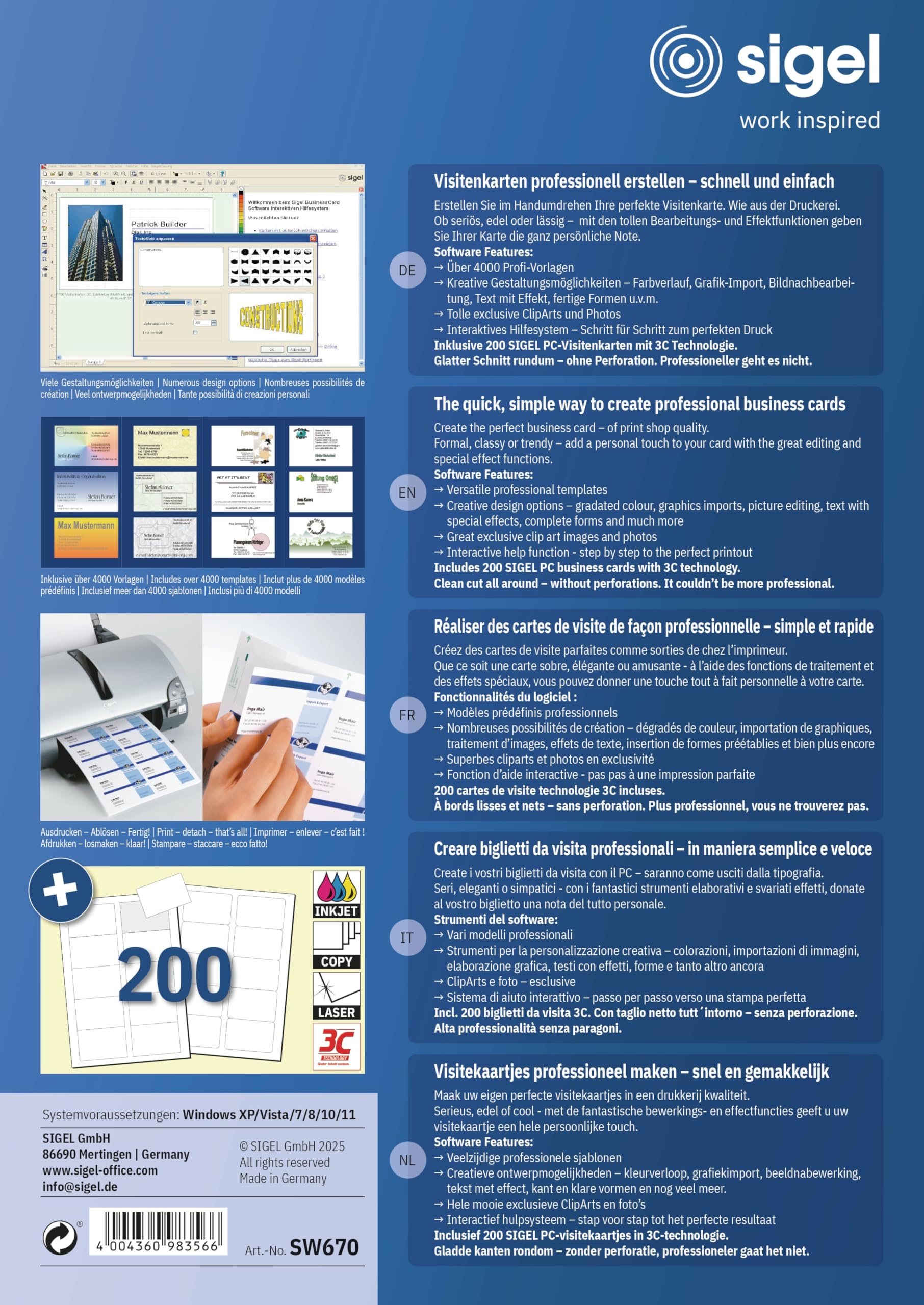 SIGEL SW670 BusinessCard Gestaltungs-Software für Visitenkarten, CD inkl. 200 Karten