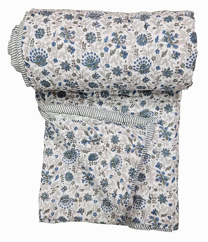 Craft Venture Handmade 100% Pure Cotton Jaipuri Razai/Rajai Traditional Sanganeri Handblock Print Double Bed Quilt Razai - Dohar AC Blanket - (90 X 108 Inches) King Size with Bag. (Multicolor 1)