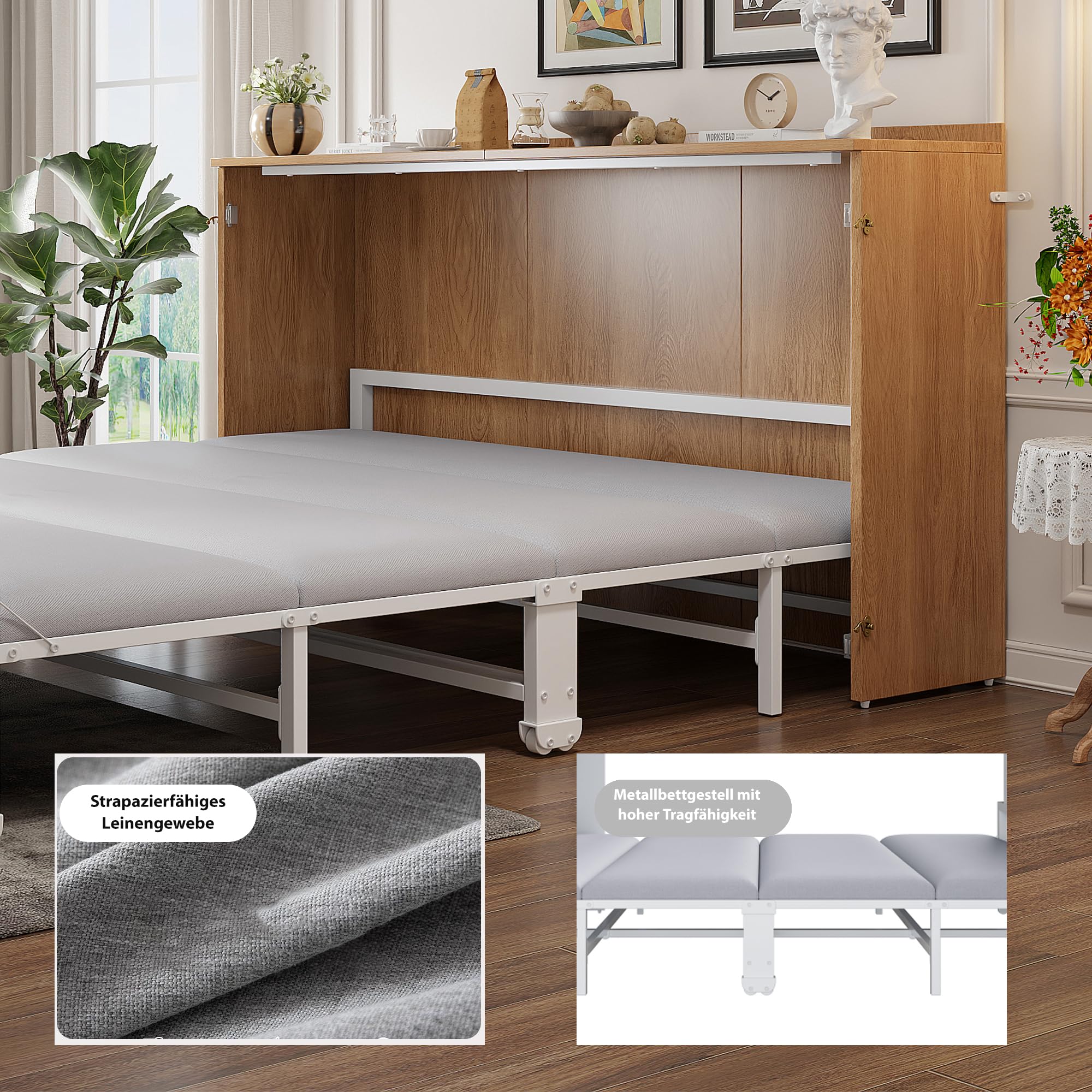 Schrankbett 140x200, Klappbares Doppelbett mit Matratze und Lattenrost, Wandbett Klappbett mit Schrank, Vertikal Schrankbett Gästebett Wandklappbett Murphy Bed Bettschrank mit Leisen Rollen,Holzfarbe