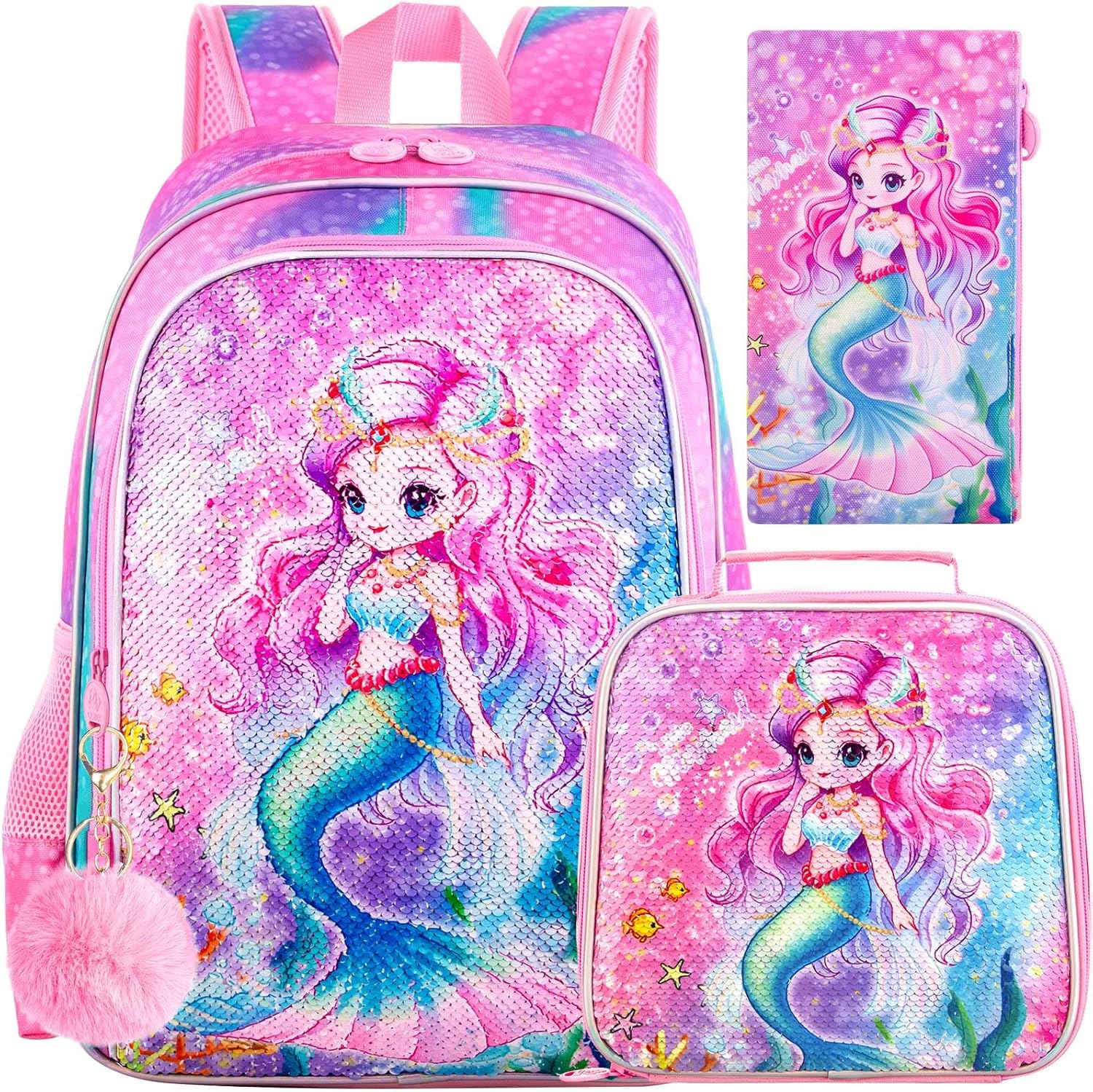 UFNDC 3PCS Backpack for Girls with Lunch Box,16”Kids Sequin Bookbag with Lunch Box, School Bag for Elementary Toddler