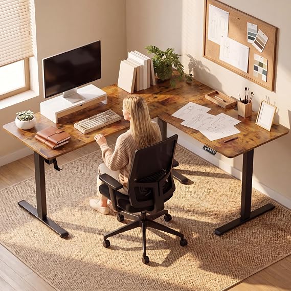 Furmax 63 x 55 Inch L Shaped Standing Desk with 2 Preset Heights, Electric Height Adjustable Computer Table, 2 Hooks & Feet Balance, Corner Sit Stand Desk for Home Office (Rustic Brown, 63 x 55 Inch)