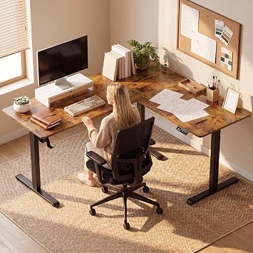 Furmax 63 x 55 Inch L Shaped Standing Desk with 2 Preset Heights, Electric Height Adjustable Computer Table, 2 Hooks & Feet Balance, Corner Sit Stand Desk for Home Office (Rustic Brown, 63 x 55 Inch)