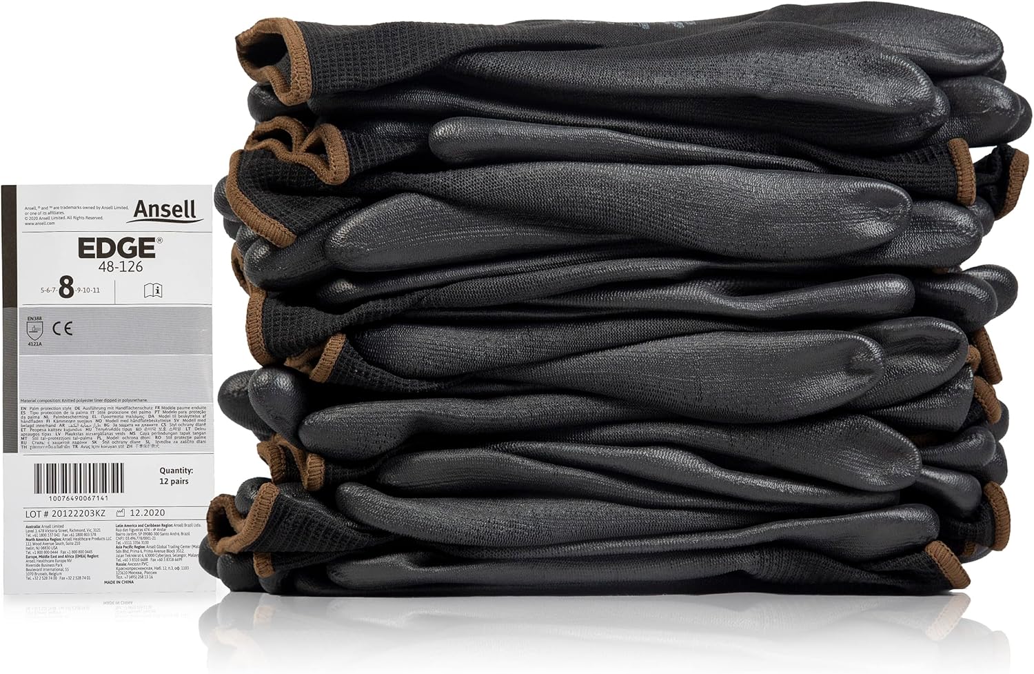 Ansell EDGE 48-126 Abrasion-Resistant Polyester Nitrile Industrial Gloves w/Knitted Liner for Auto, Machinery - Black