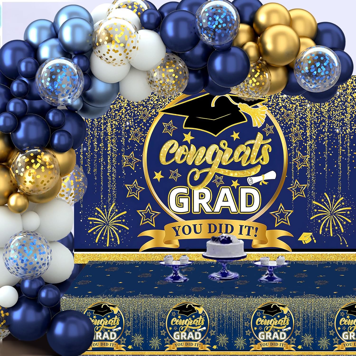 2025 Graduation Party Decoration Kit-Blue Gold Balloon Garland Arch and Congrats Grad 2025 Hanging Banner