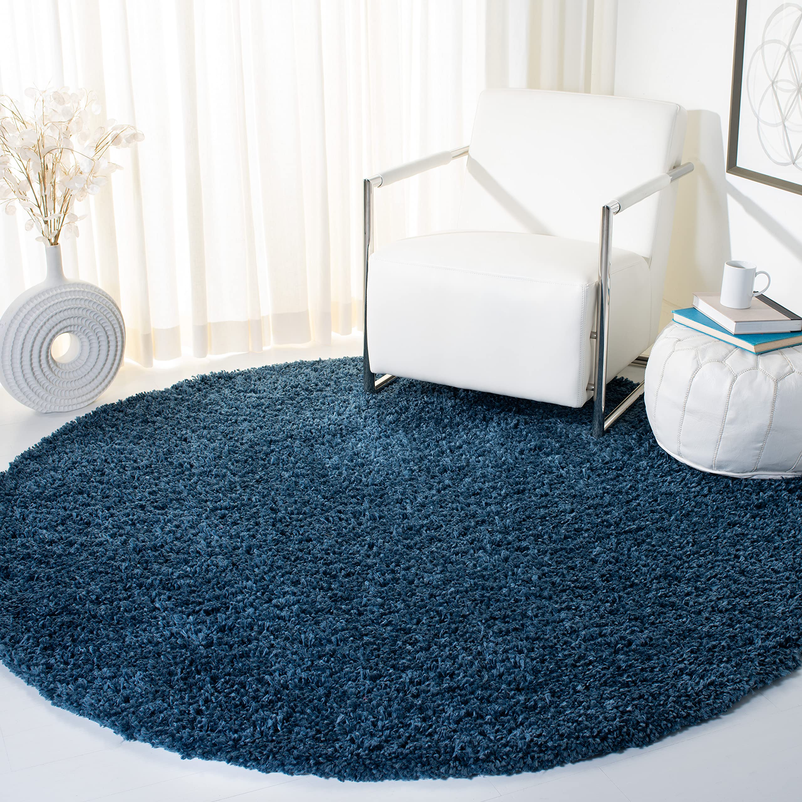 SAFAVIEH August Shag Collection 4' Round Navy AUG200M Solid Non-Shedding Living Room Bedroom Dining Room Entryway Plush 1.5-inch Thick Area Rug