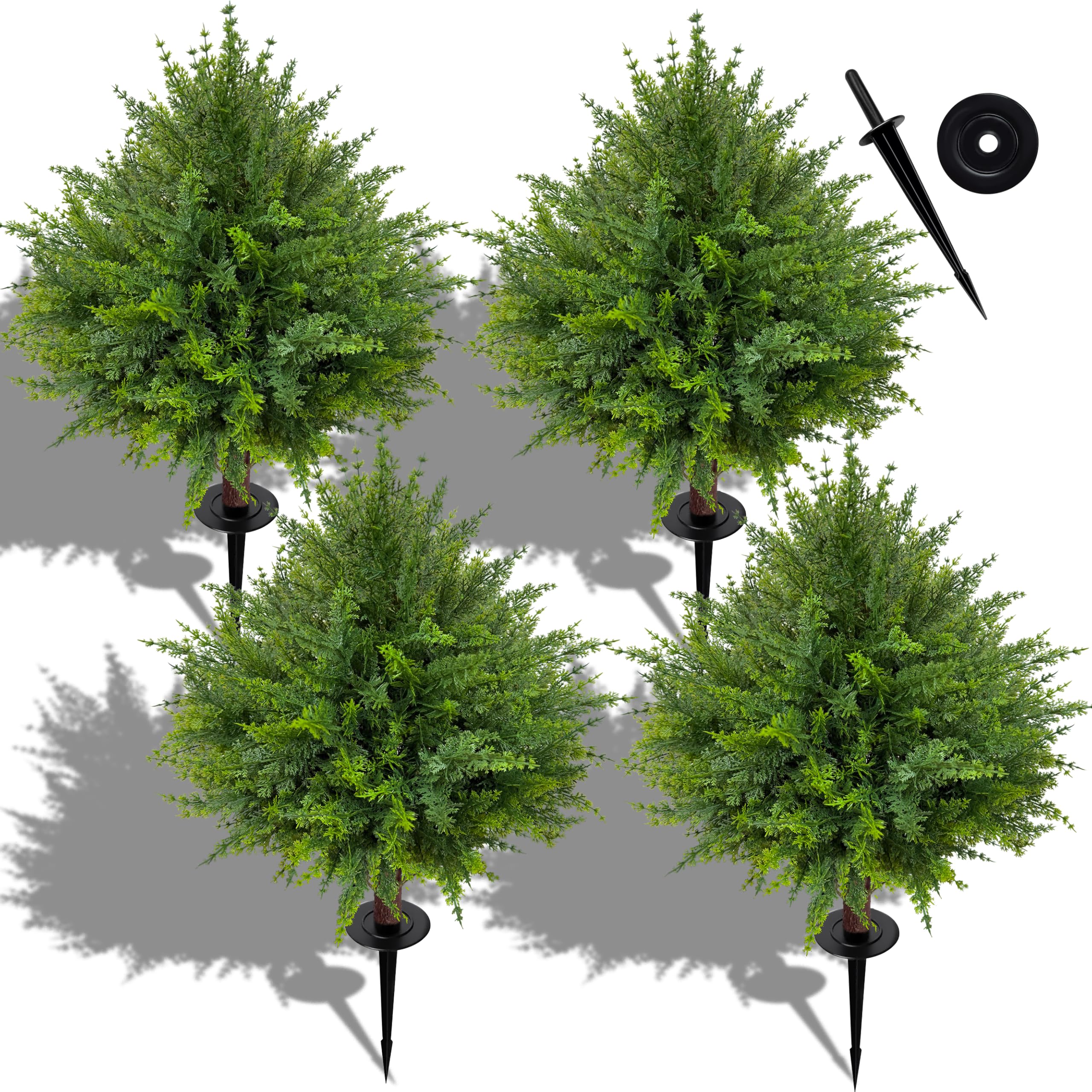 24.5 inch (h) artificial cedar topiary ball trees, set of 4 uv resistant fake shrub bushes with ground spikes, faux outdoor plants for garden, patio, front porch & indoor decor (4)