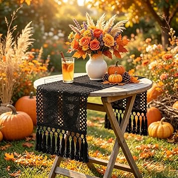 yuboo Black Table Runner 36 Inches, Halloween Spooky Season Coffee Bar Mat, Small Cozy Fall Dresser Scarf with Tassels, Modern Farmhouse Decor