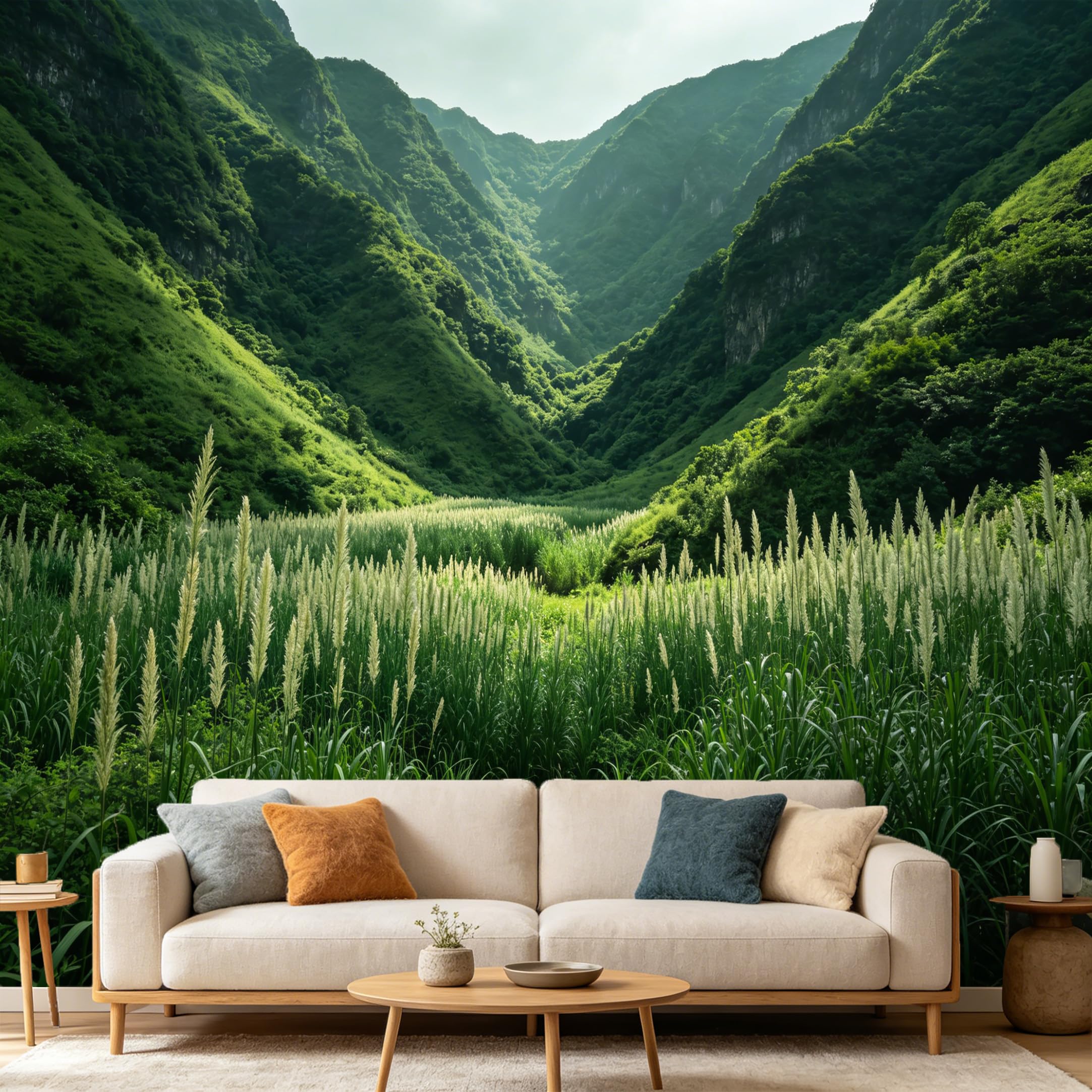 Custom Size Wall Mural Landscape Mountain Valley Scenic Meadow Green Hills Nature View SelfAdhesive Art Prints wall Fabric（No PVC） Removable Wallpaper Home Bedroom Decor