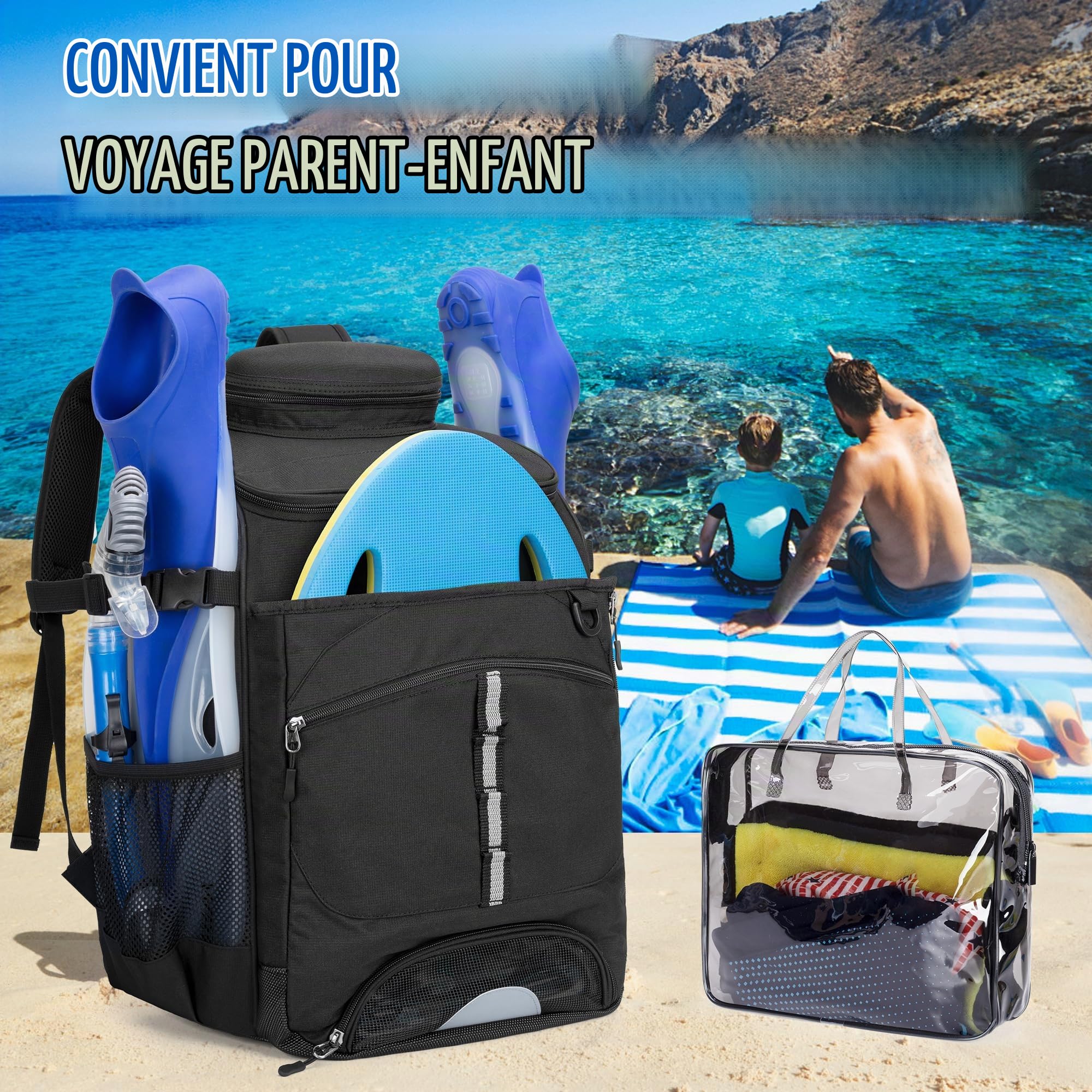 GOBUROS Sac à Dos de Natation pour Plage, Triathlon, Plongée en Apnée | Étui Transparent en PVC, Sangles Élastiques pour Palmes, Compartiment pour Planche de Natation, Poche Aéré pour Sandales