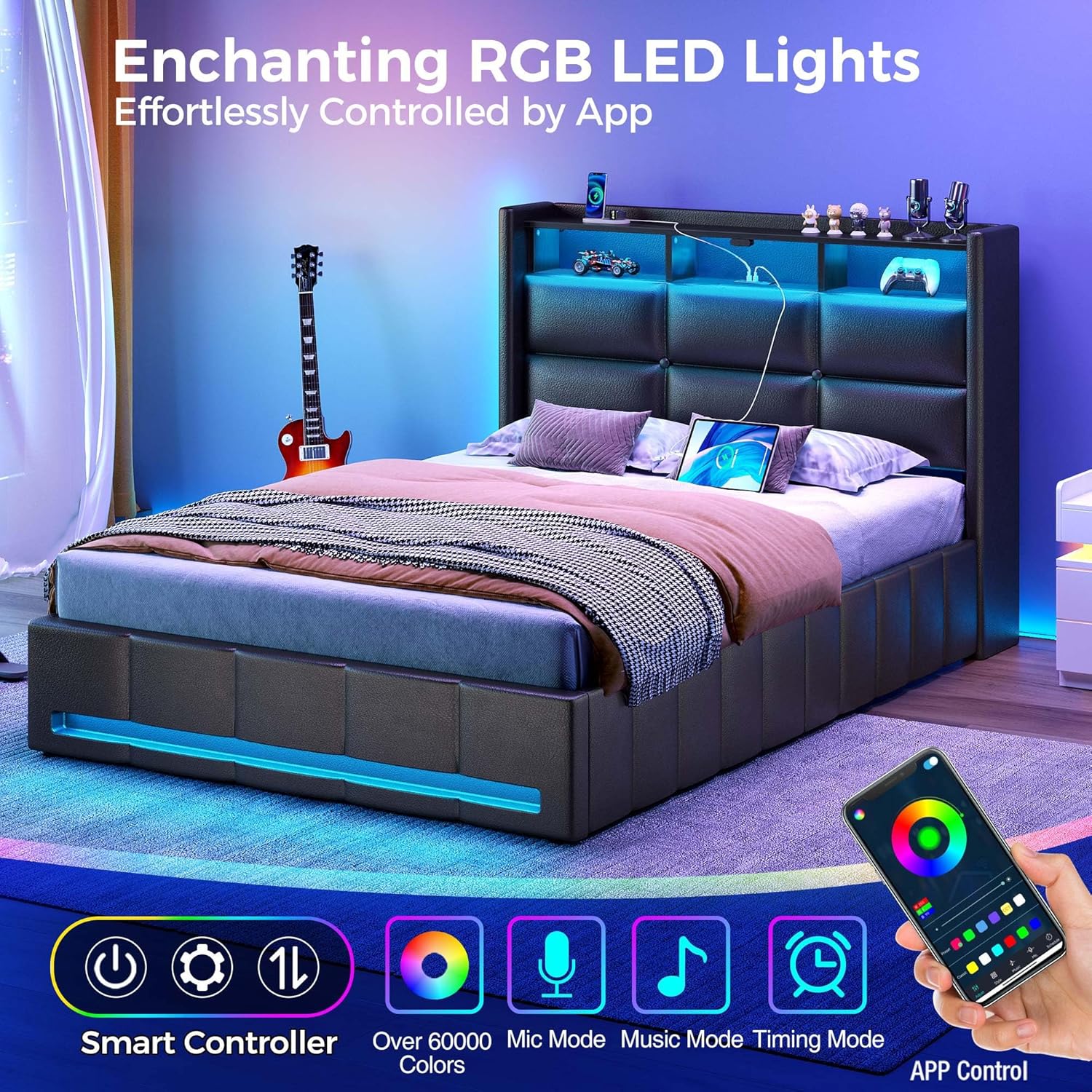 Rolanstar Bed Frame Twin Size with Lift Up Storage, Charging Station & LED Lights, Upholstered Storage Headboard, Heavy Duty Wooden Slats, No Box Spring Needed, Noise Free, Easy Assembly, Black