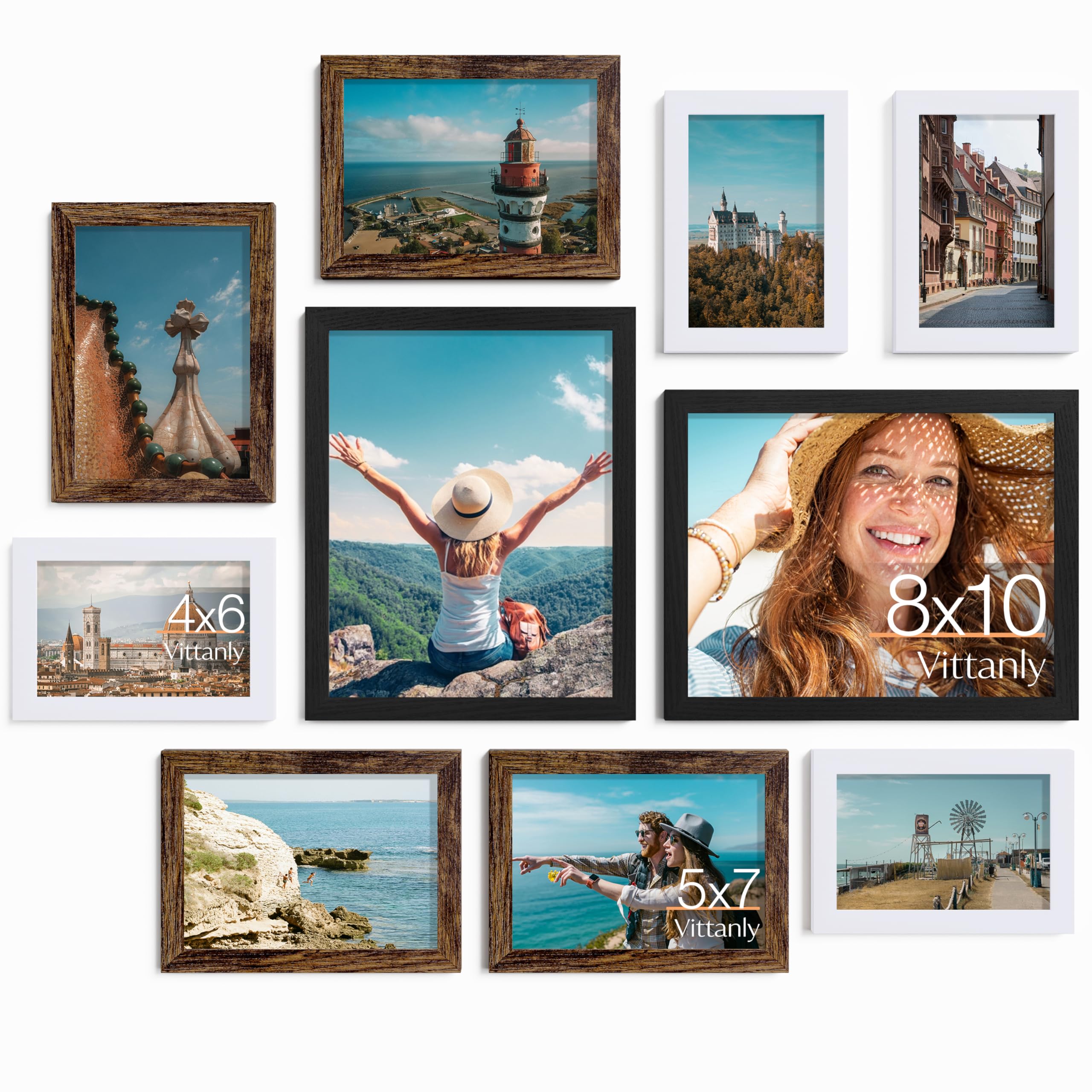 Vittanly Picture Frames Set of 10, Picture Frames Collage Wall Decor with Two 8x10, Four 5x7, and Four 4x6 Photo Frames, Gallery Wall Frame Set for Wall or Tabletop Display, Black, Brown and White
