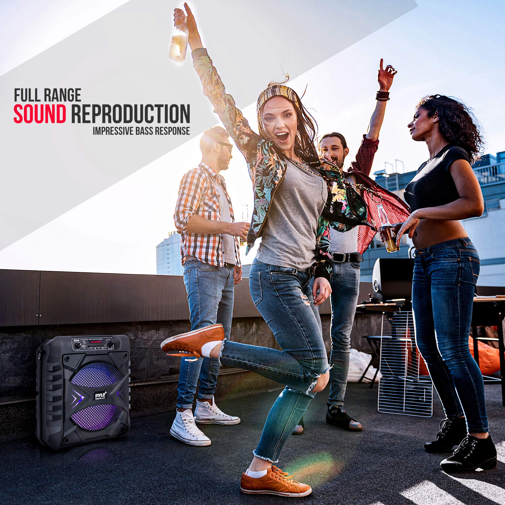 Portable Bluetooth PA Speaker System - 300W Rechargeable Outdoor Bluetooth Speaker Portable PA System w/ 8” Subwoofer, AUX, Microphone in, Party Lights, MP3/USB, Radio, Remote - Pyle PPHP854B, Black