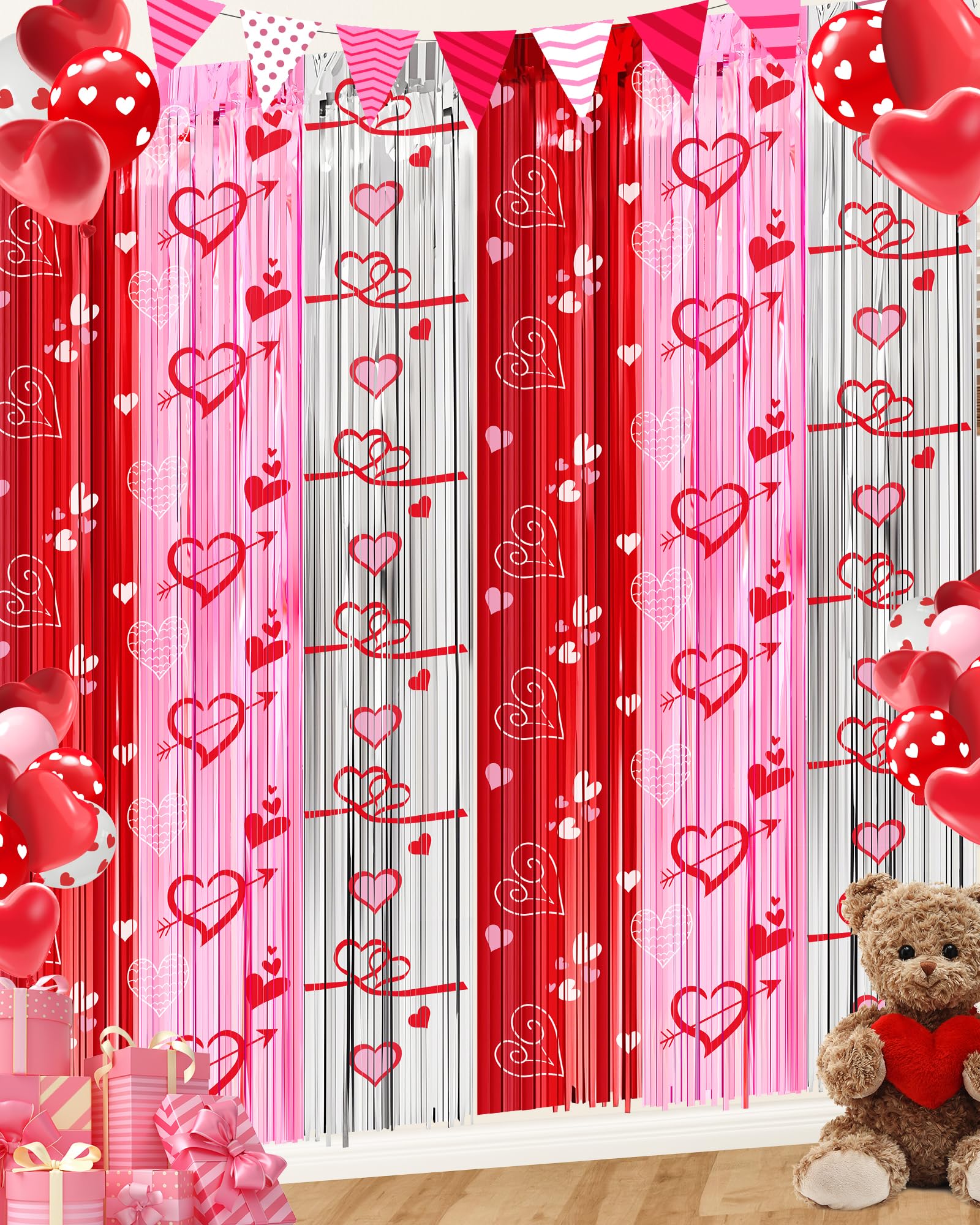 Galentines Decorations Foil Fringe Curtains for Party, 2 Pack 3.3 x 6.6 FT Galentines Day Decorations Red Pink Silver Tinsel Streamer, Galentines Backdrop Heart Decorations for Birthday Wedding