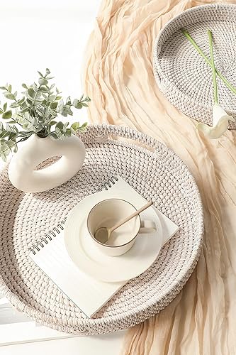 Miniatura 2 de HITOMEN Bandeja redonda tejida a mano de mimbre otomana decorativa con asas para mesa de café, desayuno, bebidas, aperitivos, pan, frutas y verduras