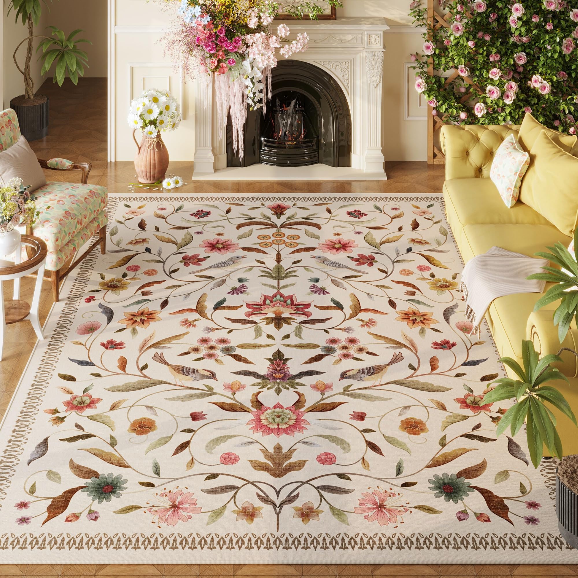 Photo 1 of Vowkten Vintage Medallion Floral Area Rugs 8x10 Clearance, Machine Washable Non-Slip, Low Pile Soft Large Carpet for Living Room, Bedroom, Dining Room, Farmhouse, Kids Playroom, Office | Beige