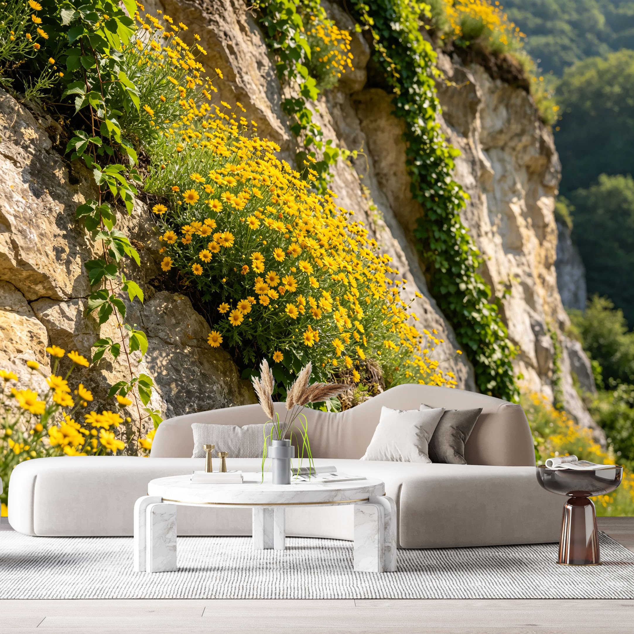 Custom Size Wall Murals Yellow Wildflowers Botanical Rocky Cliff Nature Landscape SelfAdhesive Wall Fabric Removable Large Wallpaper for Photo Living Room