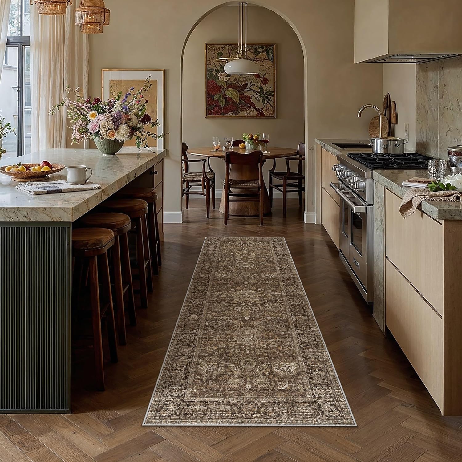 HUGEAR Hallway Runner Rugs 2x6 Vintage Brown Machine Washable Retro Distressed Non Slip Stain Resistant Neutral Low Pile Throw Carpet for Bedroom Kitchen Aesthetic Decor