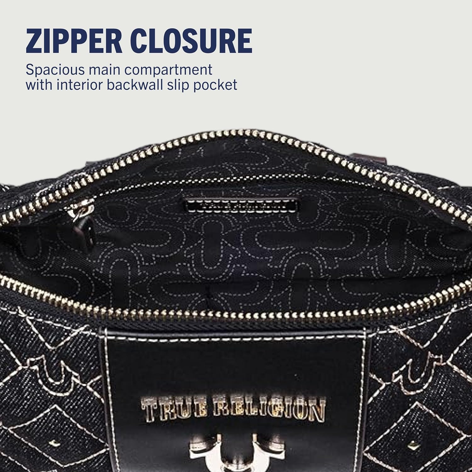 True Religion Barrel Bag, Studded Zip Top Purse with Chain Handle, Adjustable Crossbody Strap and Gold Hardware - Image 6