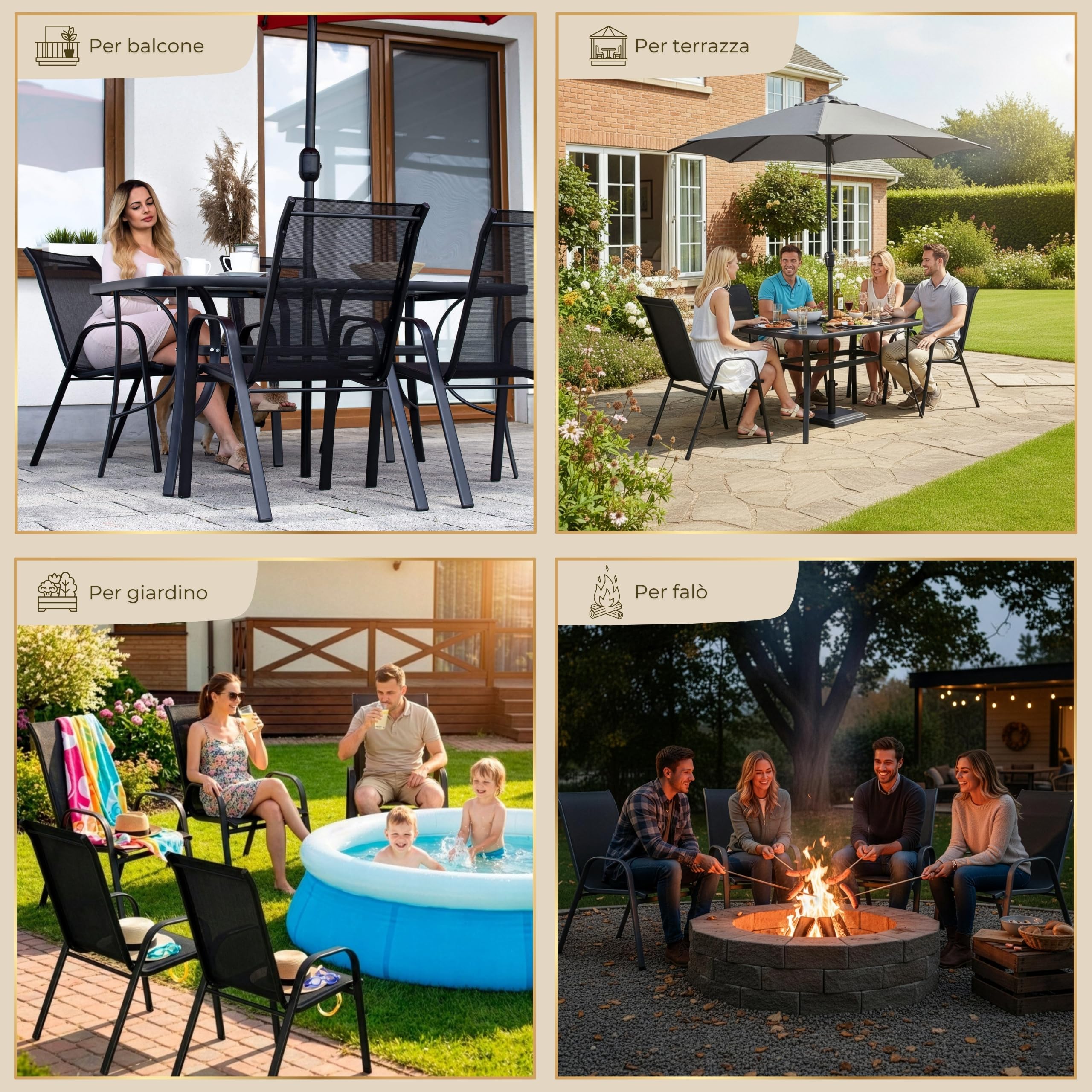 SPRINGOS Set di 4 sedie da giardino, impilabili, per esterni, terrazza, balcone, con seduta in textilene e struttura in acciaio, resistenti alle intemperie, per giardino, balcone, terrazza, campeggio