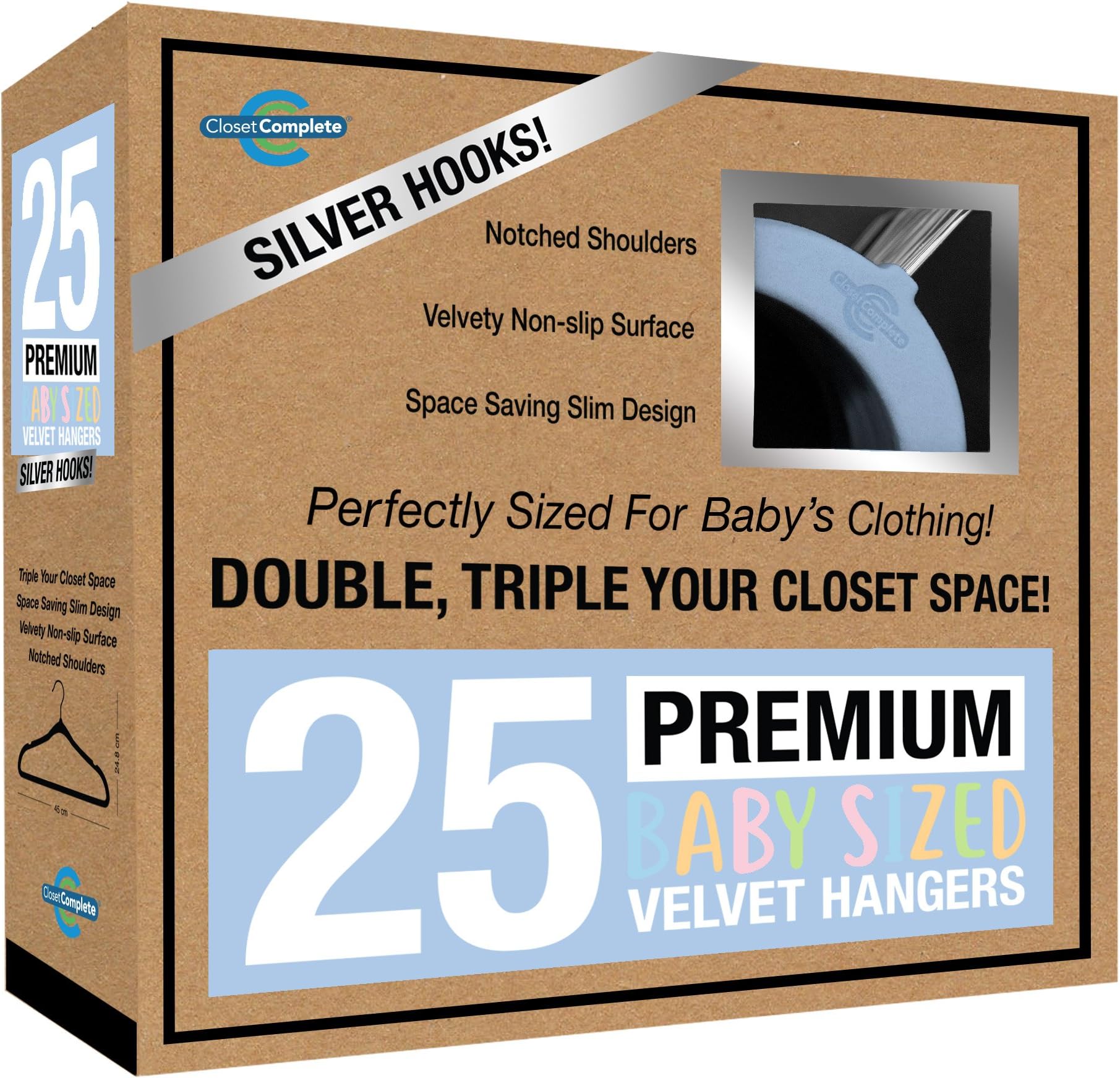 Baby Velvet Hangers, Premium Quality, True-Heavyweight, Virtually-UNBREAKABLE, Ultra-Thin, Space Saving No-Slip, Perfect Size for Babies 0-48 months 360° SPIN, Chrome Hooks, Blue, 25 pc