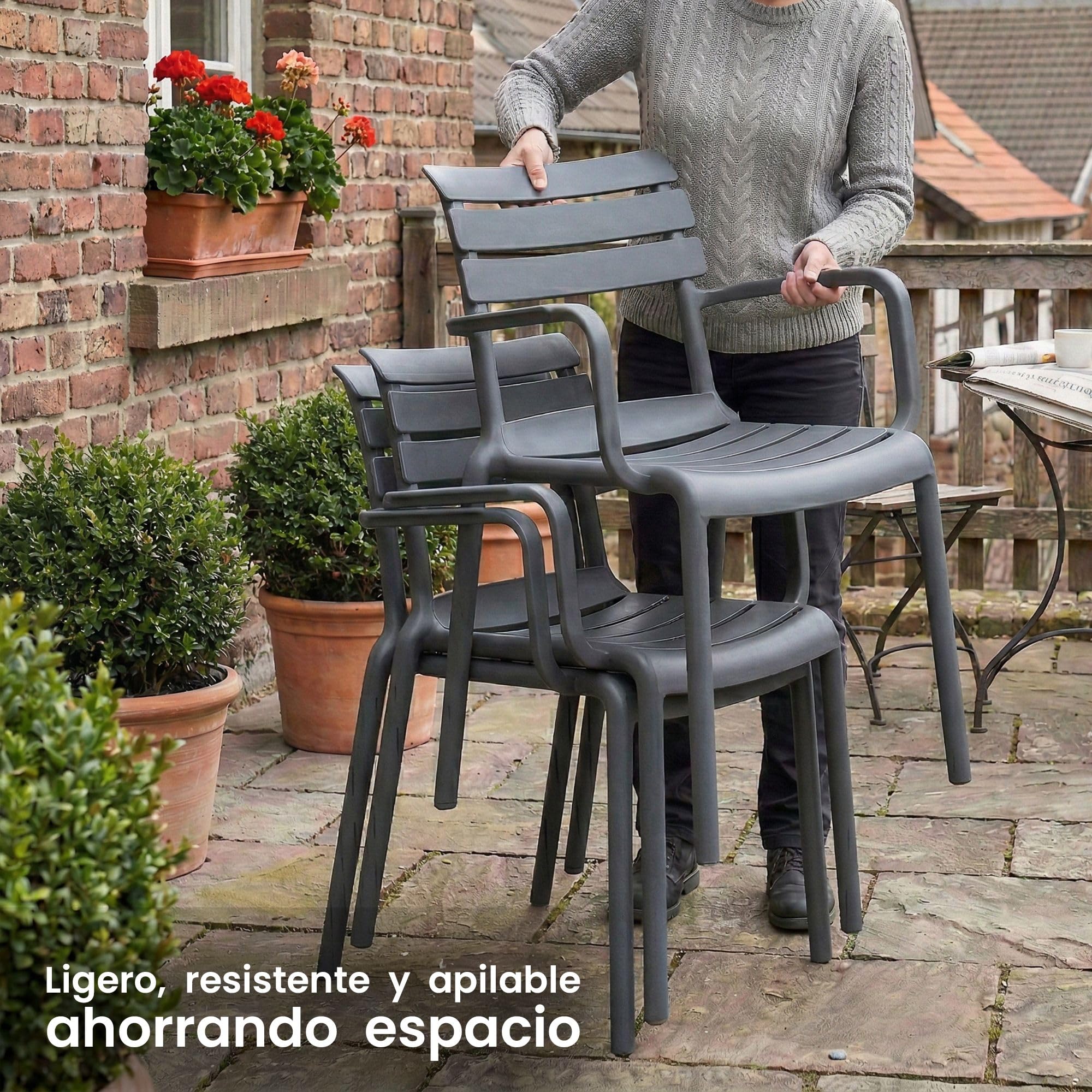 CLP Silla de Jardin apilable con reposabrazos Joliya, Silla de Exterior de Polipropileno Resistente a la Intemperie y a los Rayos UV Color:Gris Oscuro