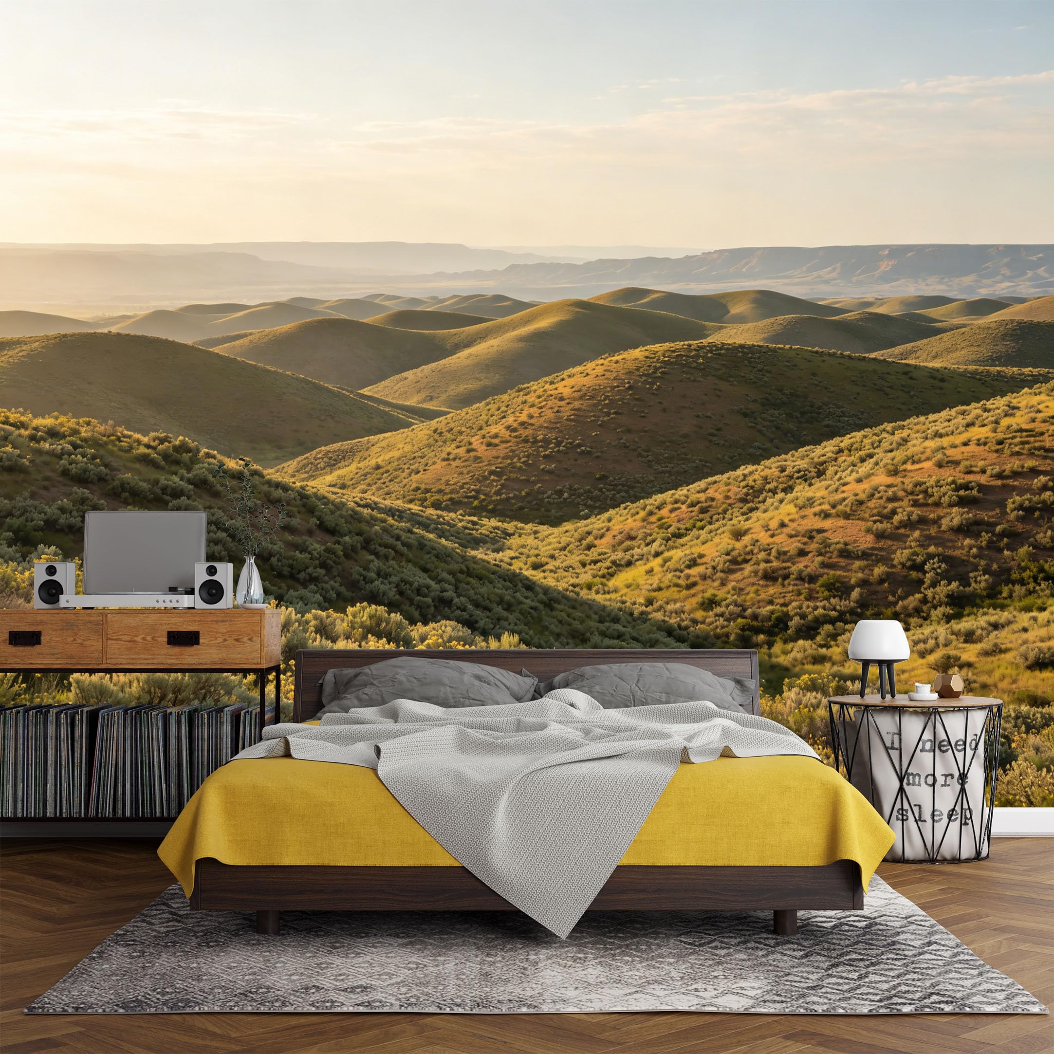 Custom Size Wall Mural， Landscape Golden Hills Sunset Valley Meadow Nature Scenery，SelfAdhesive Art Prints wall Fabric（No PVC） Removable Wallpaper Living Room Decor