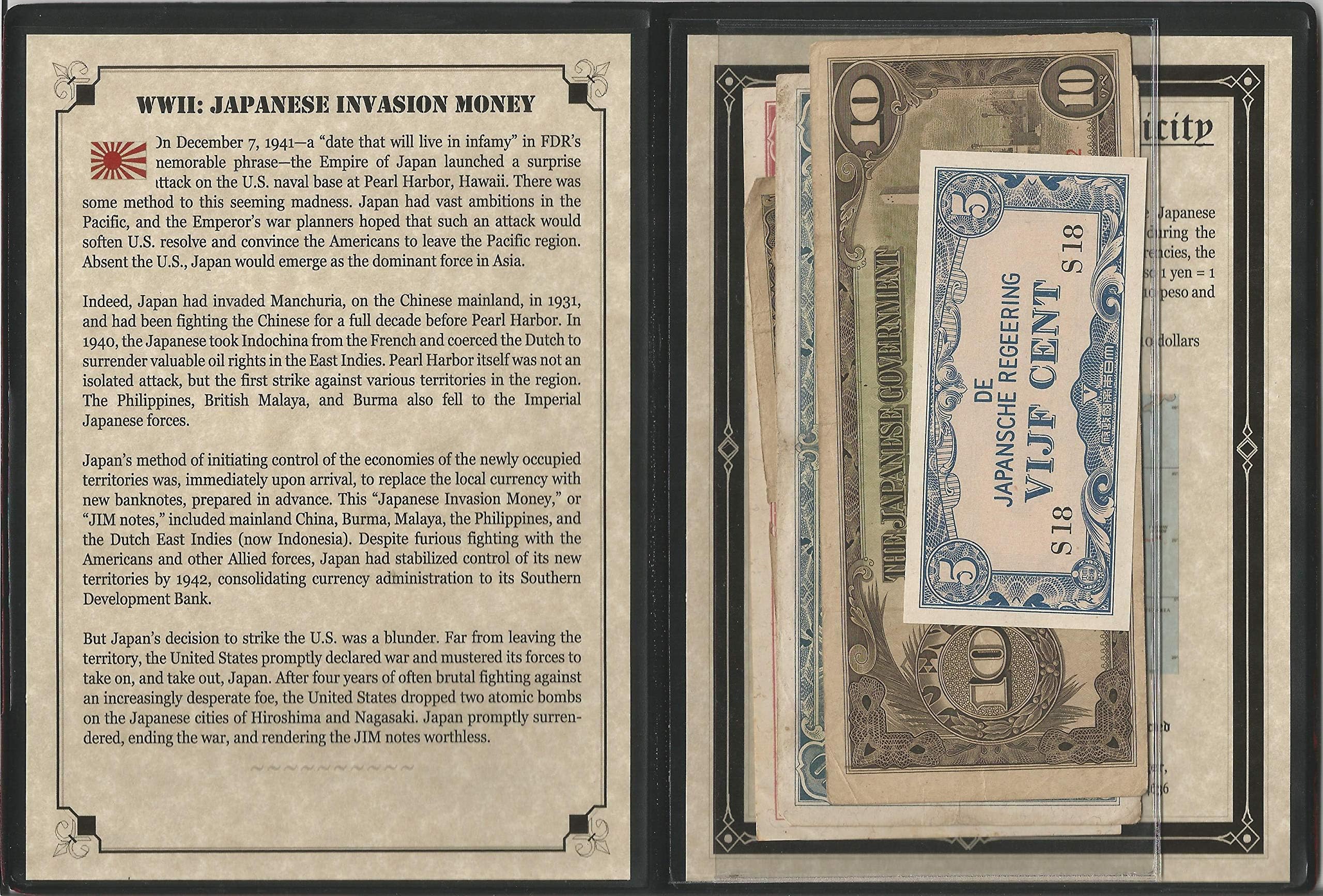 World War II Japanese Invasion Banknotes; 1941; Album, Story and COA: 5 Banknotes; China, Burma, Malaya, Netherlands East Indies and the Philippines