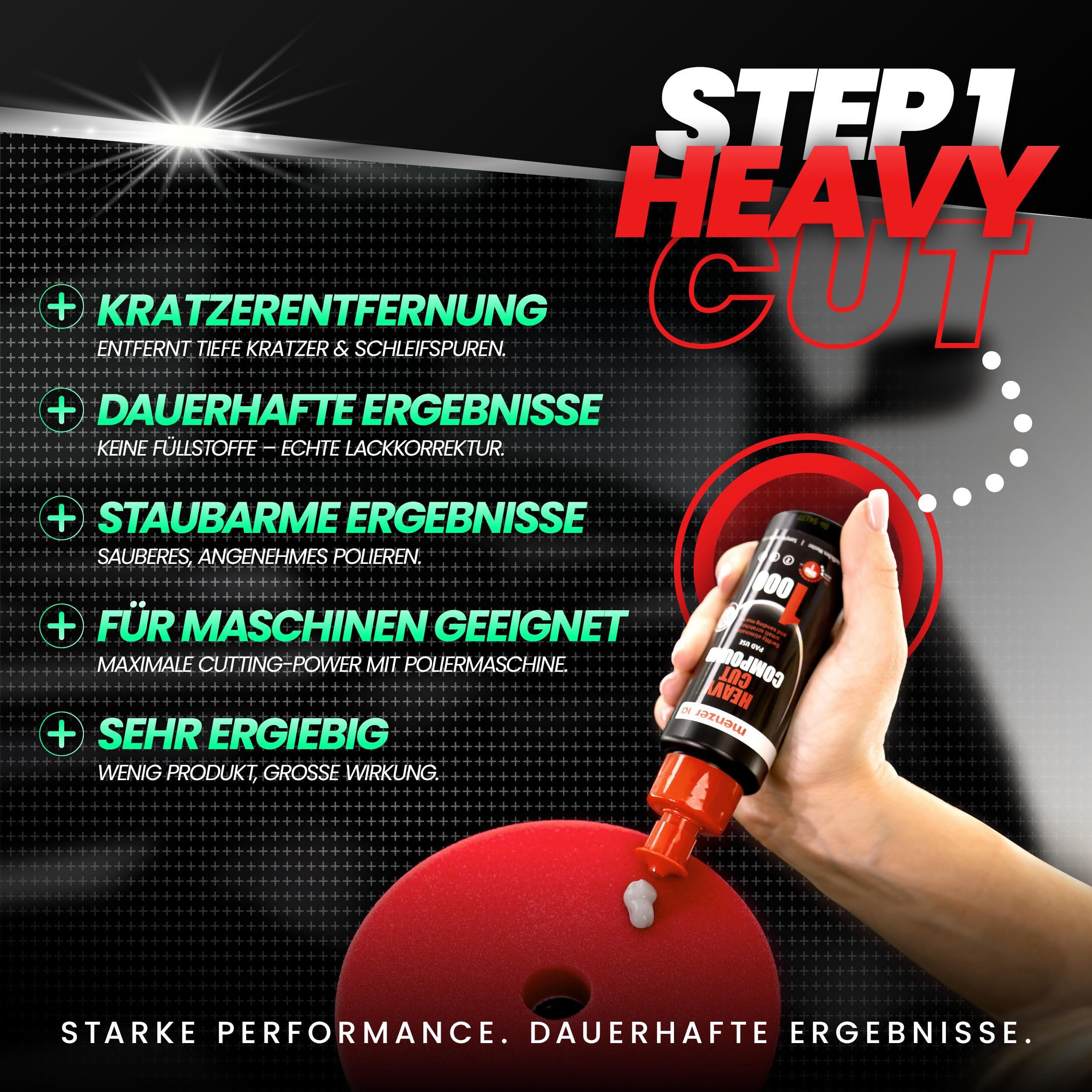 Menzerna Auto Politur Set | Exzenter Poliermaschine MZ-XR mit 125mm Stützteller + 3 x 100ml Politur + Poliertücher + Sprühversiegelung | 15mm Hub 720W