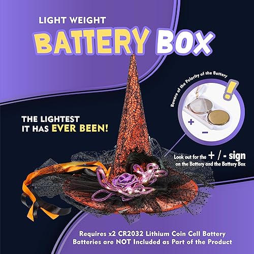Miniatura 5 de Sombreros de bruja con luz LED naranja para mujer, sombrero de bruja de Halloween ligero con lindo encaje y ala de sombrero grande, diseños únicos