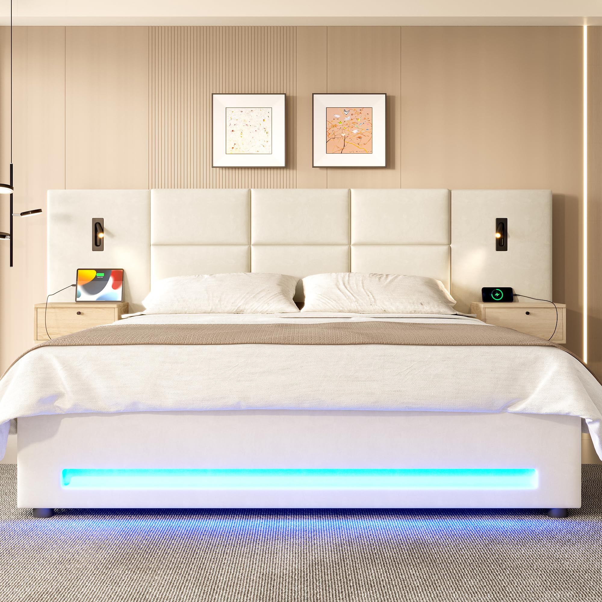 Łóżko tapicerowane 180 x 200 cm, hydrauliczne łóżko do przechowywania z lampką nocną LED, łóżko młodzieżowe ze złączami USB-C, podwójne łóżko z metalową ramą, łóżko do sypialni (bez materaca