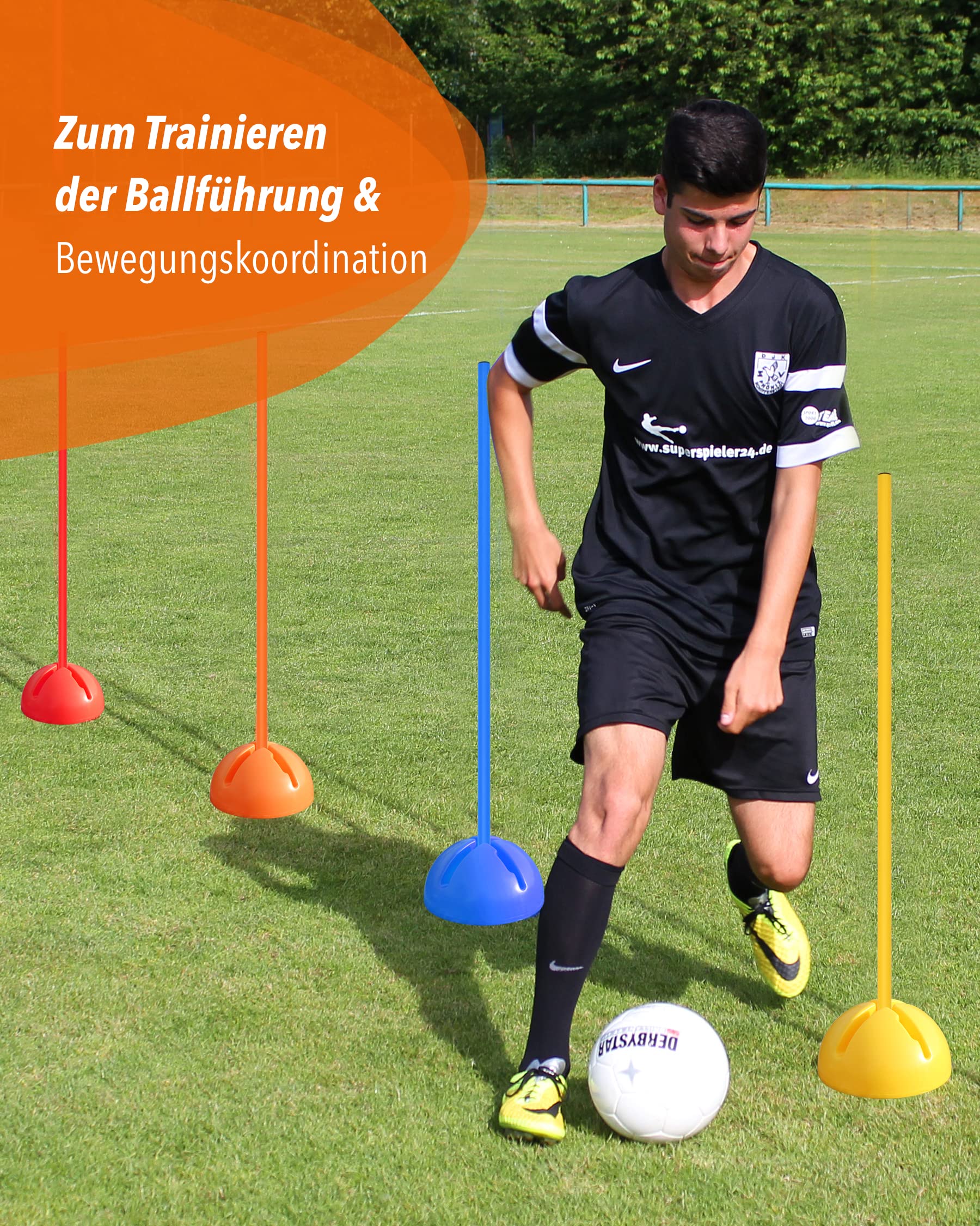 Kombi-X-Standfuß aus Kunststoff & Slalomstange 100 cm – 4er Set – befüllbarer Standfuß – Stange für Slalom & Koordinationstraining – für Fußball & Hundesport – Kreuzfuß