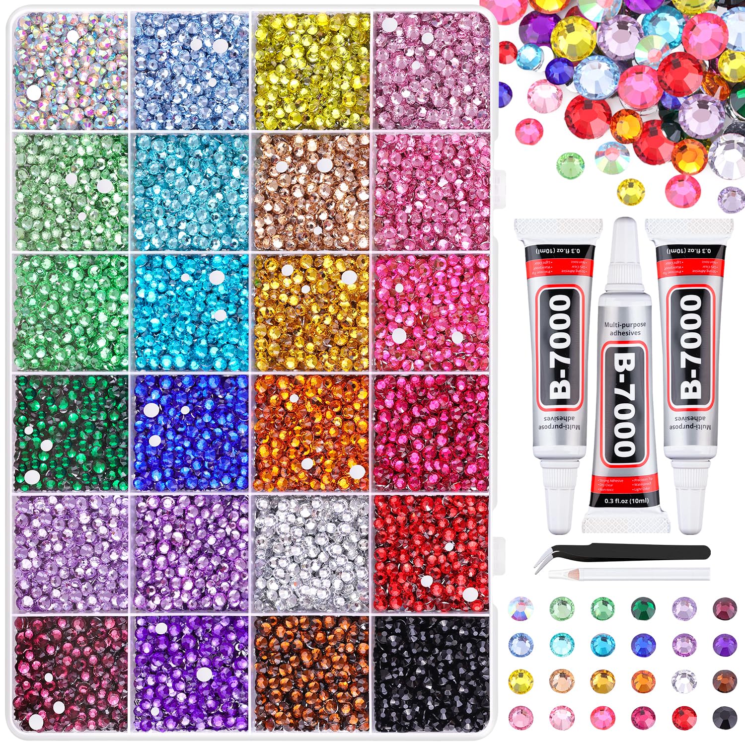 22000Pcs Resin Rhinestones for Bedazzling with Tweezers, Multicolor 2/3/4mm Rhinestones for Crafting with 3Pcs 10ml B7000 Jewelry Glue for DIY Crafts Clothing Tumblers Shoes Fabric Nail Art Resin Multicolored 2/3/4mm Large Pack + 3Pcs Glue