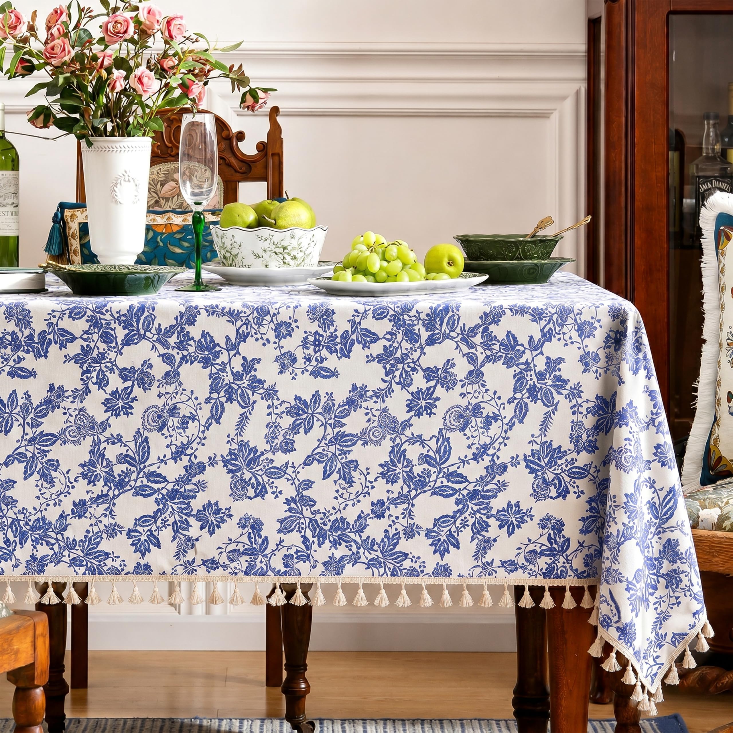 Printed Cotton Tablecloth with Tassel|60 x 108 Inch Square – Washable 6-8 Seater Table Cover for Dining Room, Home, Party & Wedding Décor - Vintage Floral Navy-image-4