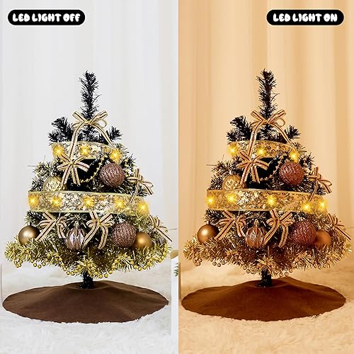Miniatura 6 de Pequeñas decoraciones artificiales para árbol de Navidad, mini árbol de mesa de Navidad de 2 pies, escritorio de Navidad de 24 pulgadas con 20 luces