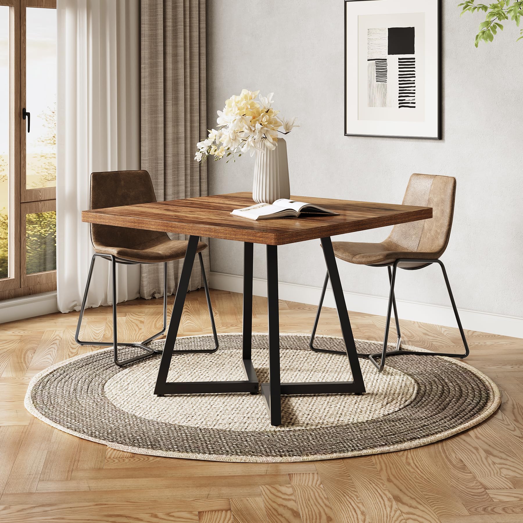 LITTLE TREE Kleiner Esstisch für 4 Personen, quadratischer Esstisch für kleine Räume, Esszimmertische, rustikaler brauner Holz-Küchentisch mit Metallbeinen, moderner Freizeit-Café-Tisch für Wohnung Küche, Haushalt & Wohnen