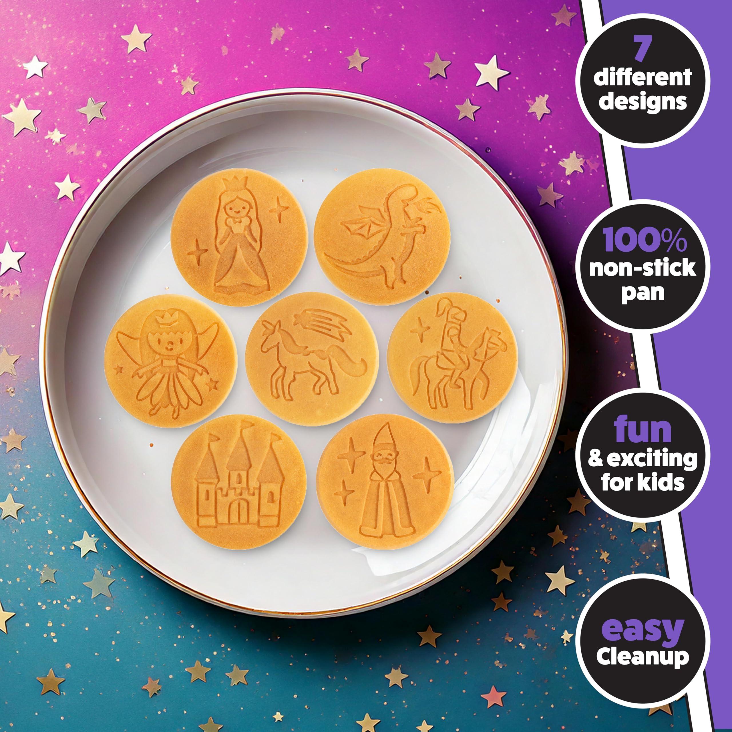 CucinaPro Fantasy Friends Mini Pancake Pan - Nonstick Griddle for Breakfast Magic, Featuring a Princess Castle & More, 7 Unique Flapjacks