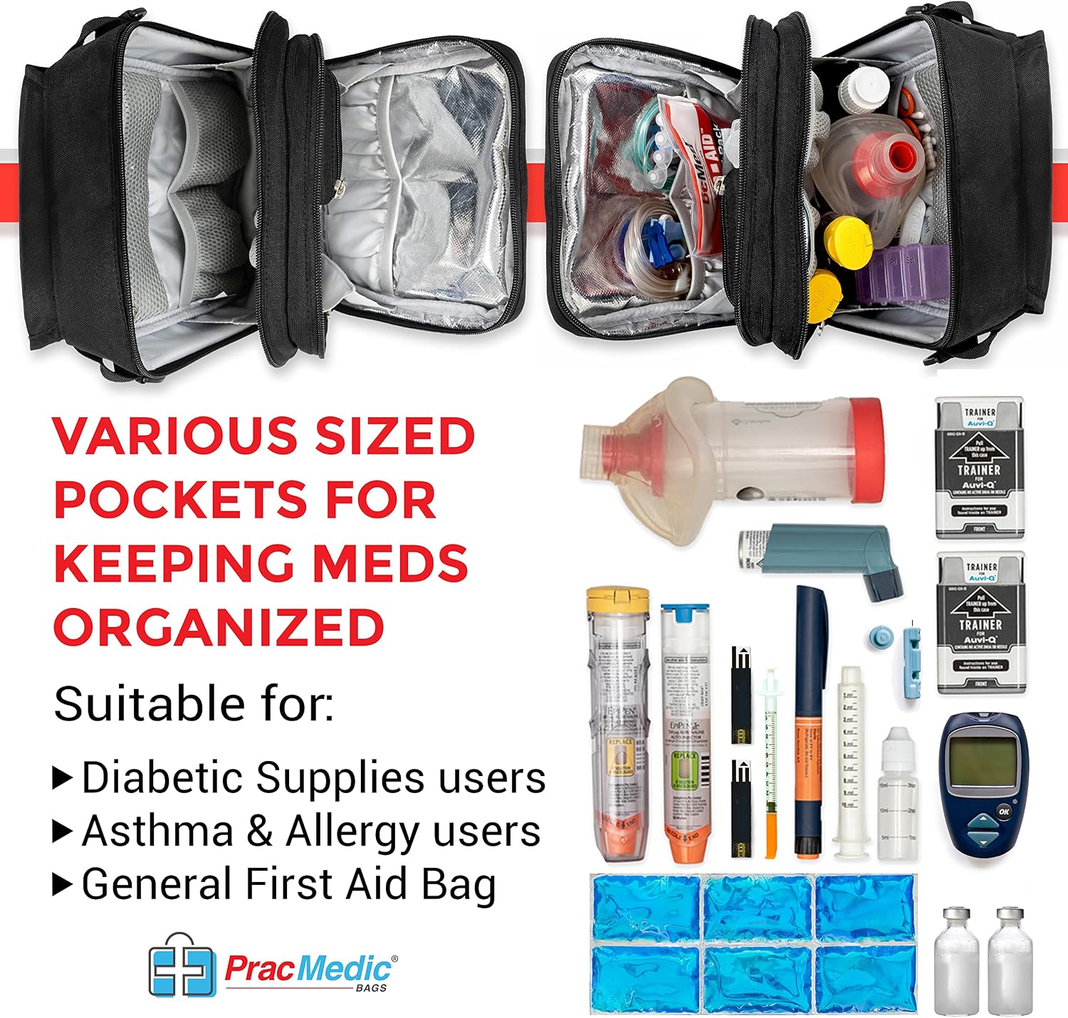 PracMedic Bags Medicine Bag- First Aid Bags Empty- Epipen Carry Case- Travel Medicine Bag for Insulin, Pill Bottle, Diabetic Supply, Asthma Spacer, Auvi Q, Allergy (Large, Black) image 2
