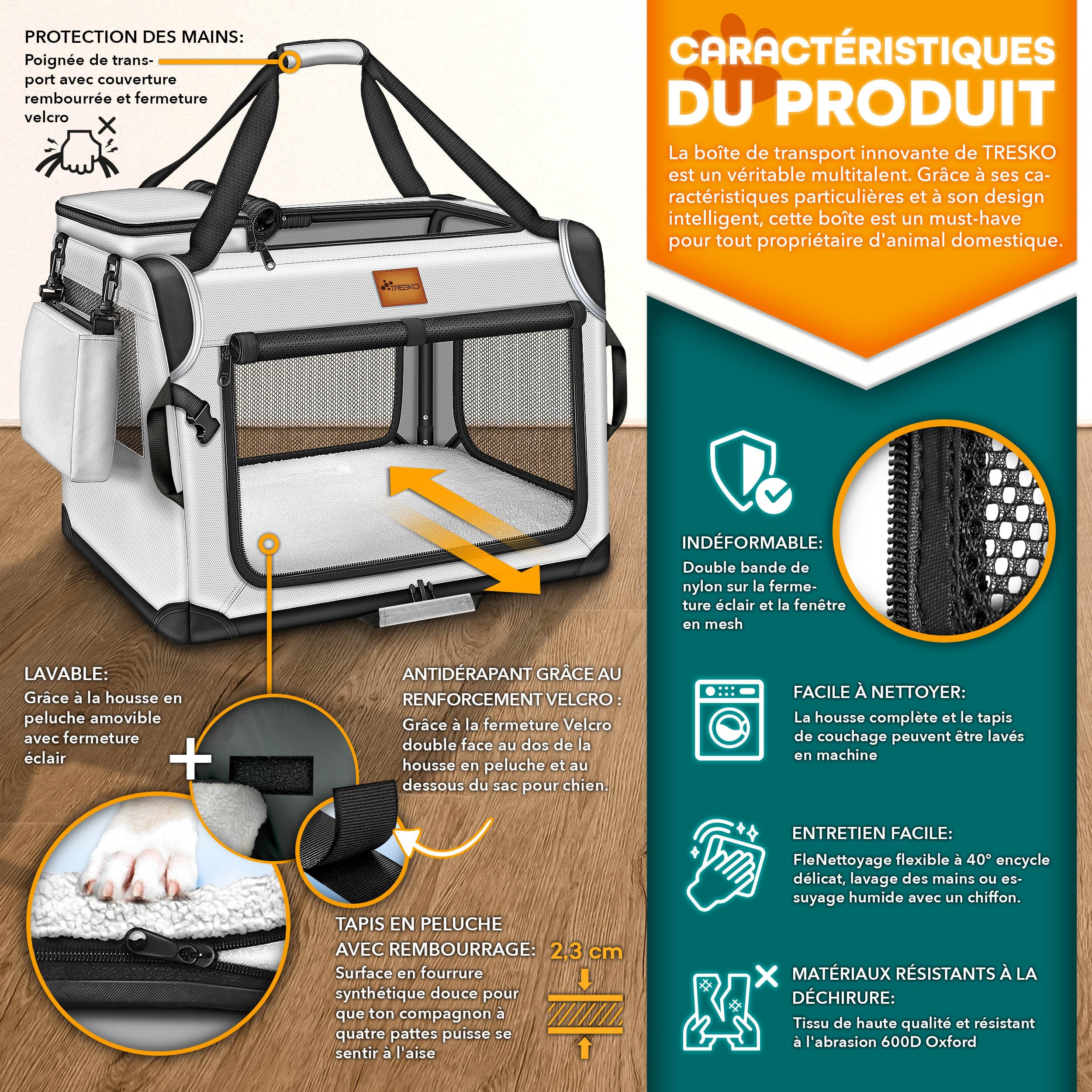 TRESKO® Caisse de transport pliable, avec tapis de fuite, spatule et réflecteurs, pour chiens et chats de petite et grande taille, sac robuste, taille M, 61 x 42 x 42 cm (gris)