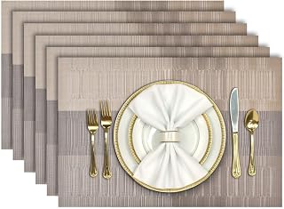 Aofmee Gold Placemats Set of 6 - Heat Resistant Washable Non-Slip Woven Vinyl Table Mats 12x18 Inch