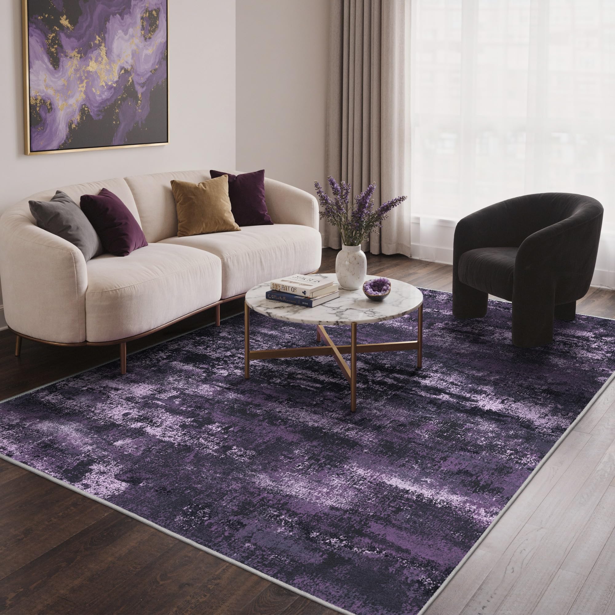BEIMO 8x10 Area Rug for Bedroom, Purple Black Washable Abstract Rug